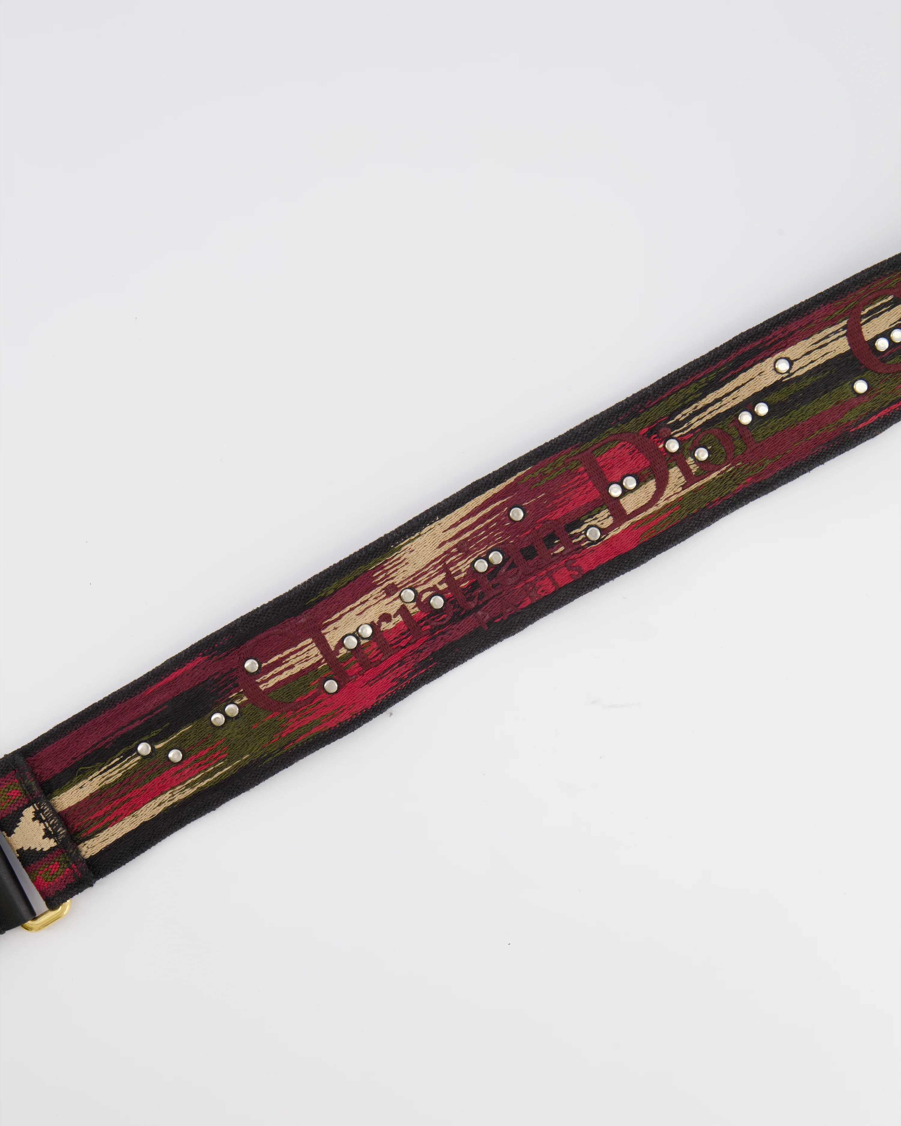 Christian Dior Red, Black and Beige Embroidered Canvas Bag Strap with Silver Studs and Gold Clasps - Image 4
