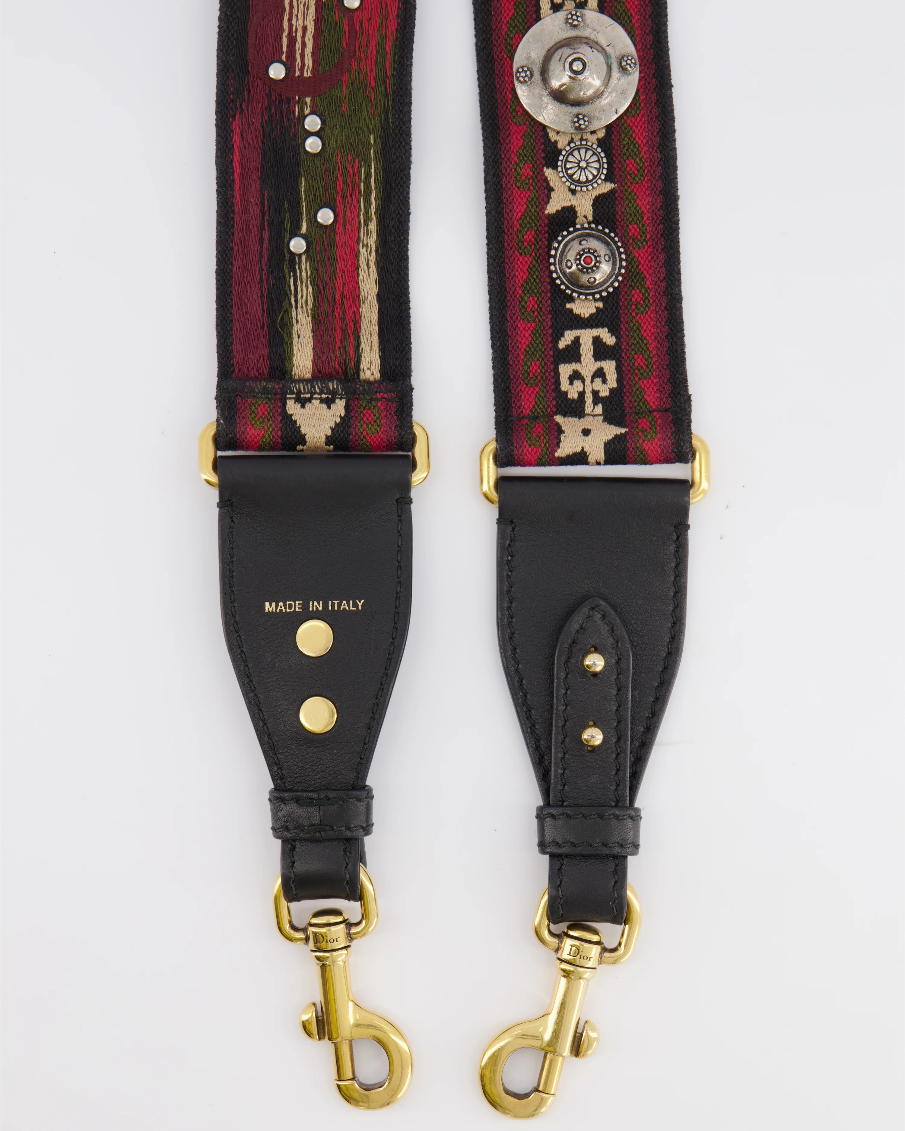 Christian Dior Red, Black and Beige Embroidered Canvas Bag Strap with Silver Studs and Gold Clasps - Image 5