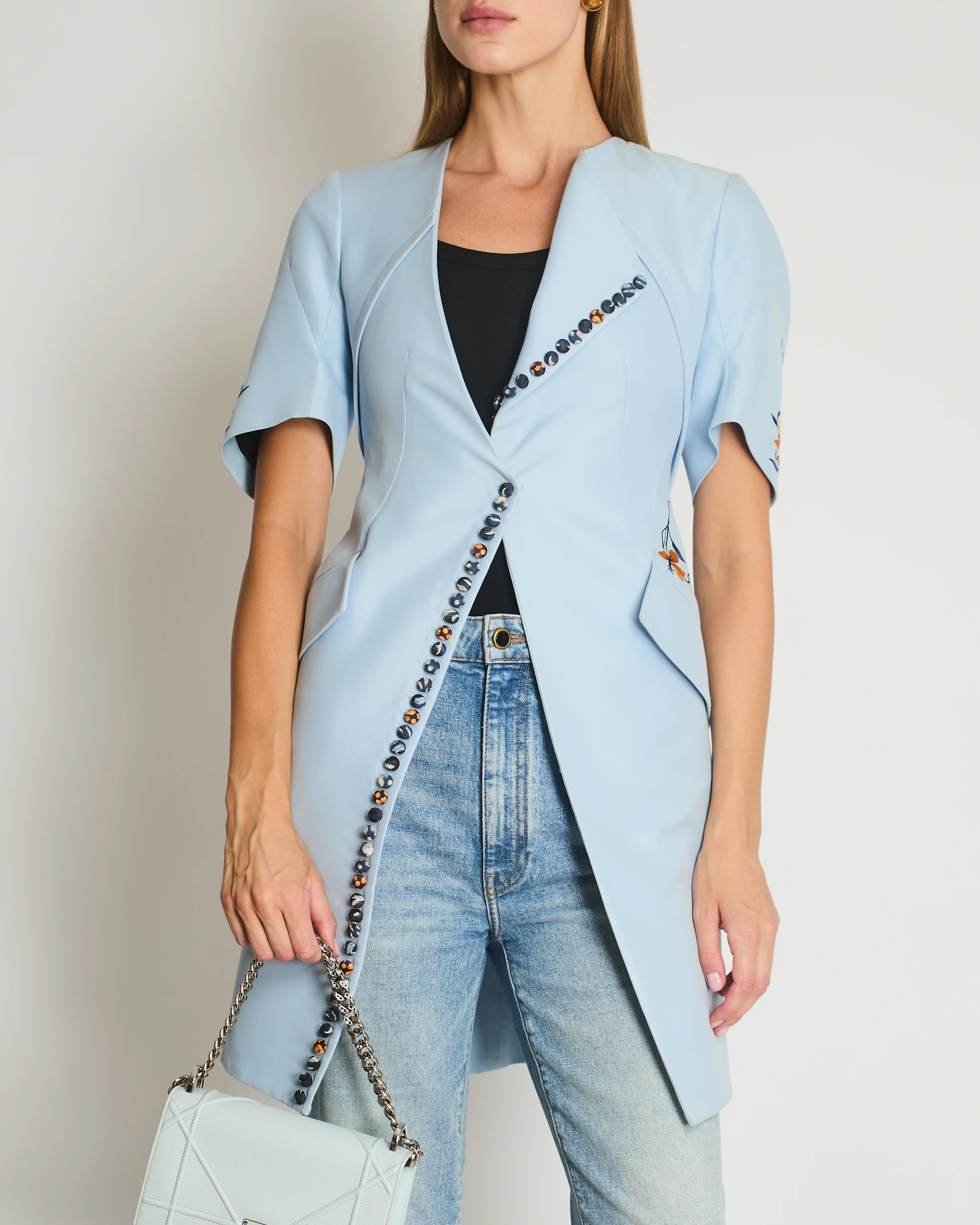Christian Dior Sky Blue Asymmetrical Long Jacket with Multicolour Buttons and Flower Embroidery Details Size FR 36 (UK 8)