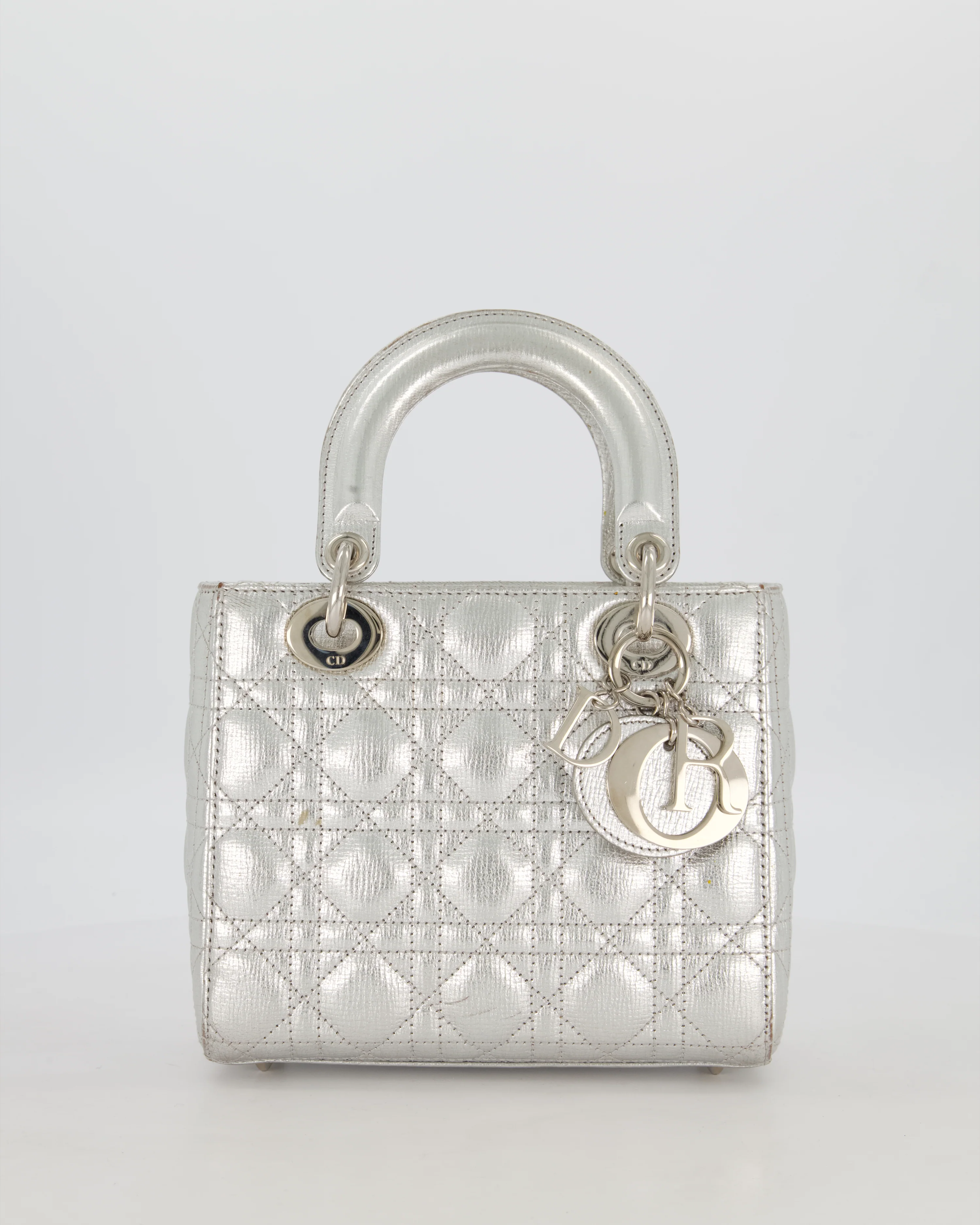 Christian Dior Small Lady Dior Bag in Silver Metallic Cannage Lambskin Leather with Silver Hardware