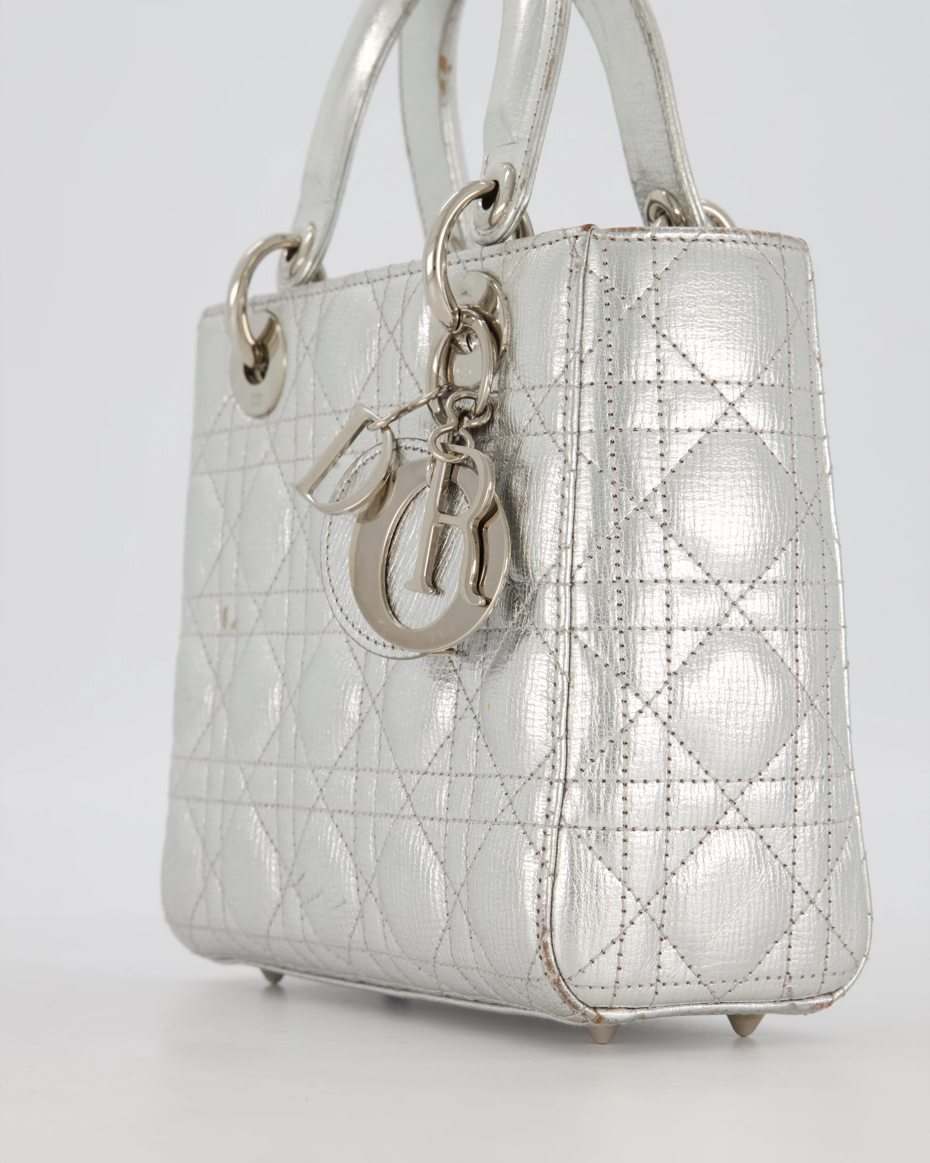 Christian Dior Small Lady Dior Bag in Silver Metallic Cannage Lambskin Leather with Silver Hardware - Image 11