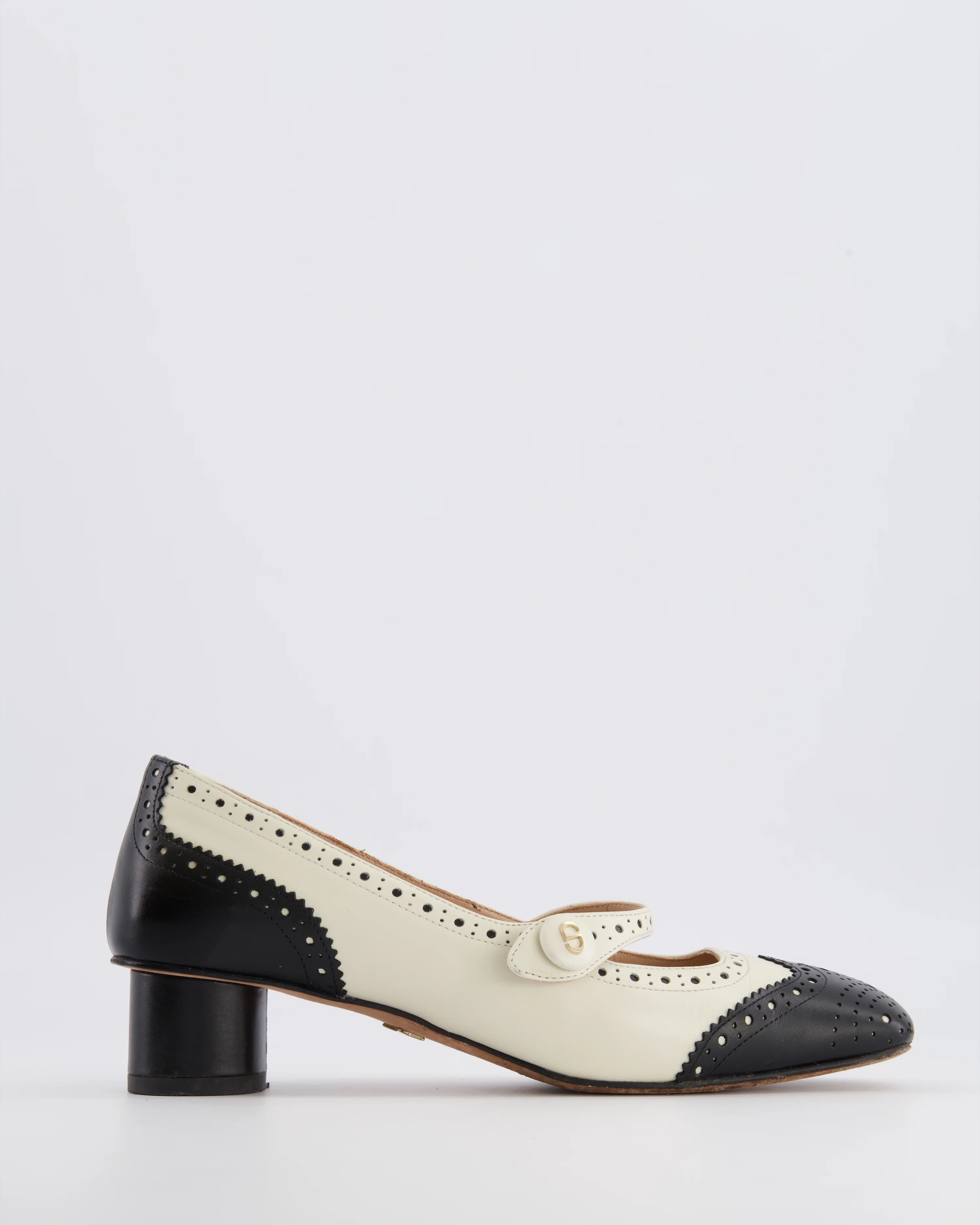 Christian Dior Spectadior Heeled Square Toe Mary Jane Pumps in Black and White Perforated Leather with Gold CD Logo Detail Size EU 36