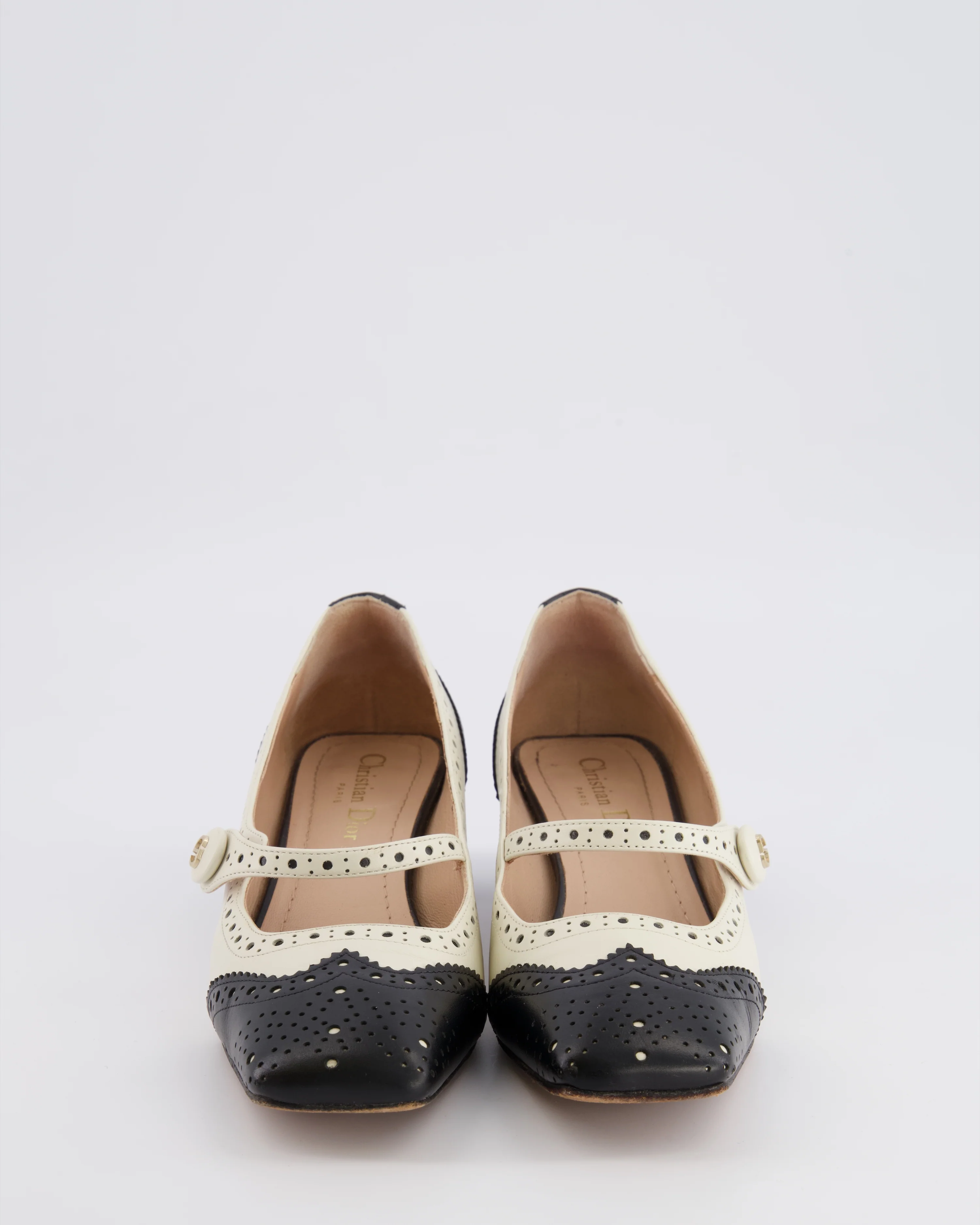 Christian Dior Spectadior Heeled Square Toe Mary Jane Pumps in Black and White Perforated Leather with Gold CD Logo Detail Size EU 36 - Image 4