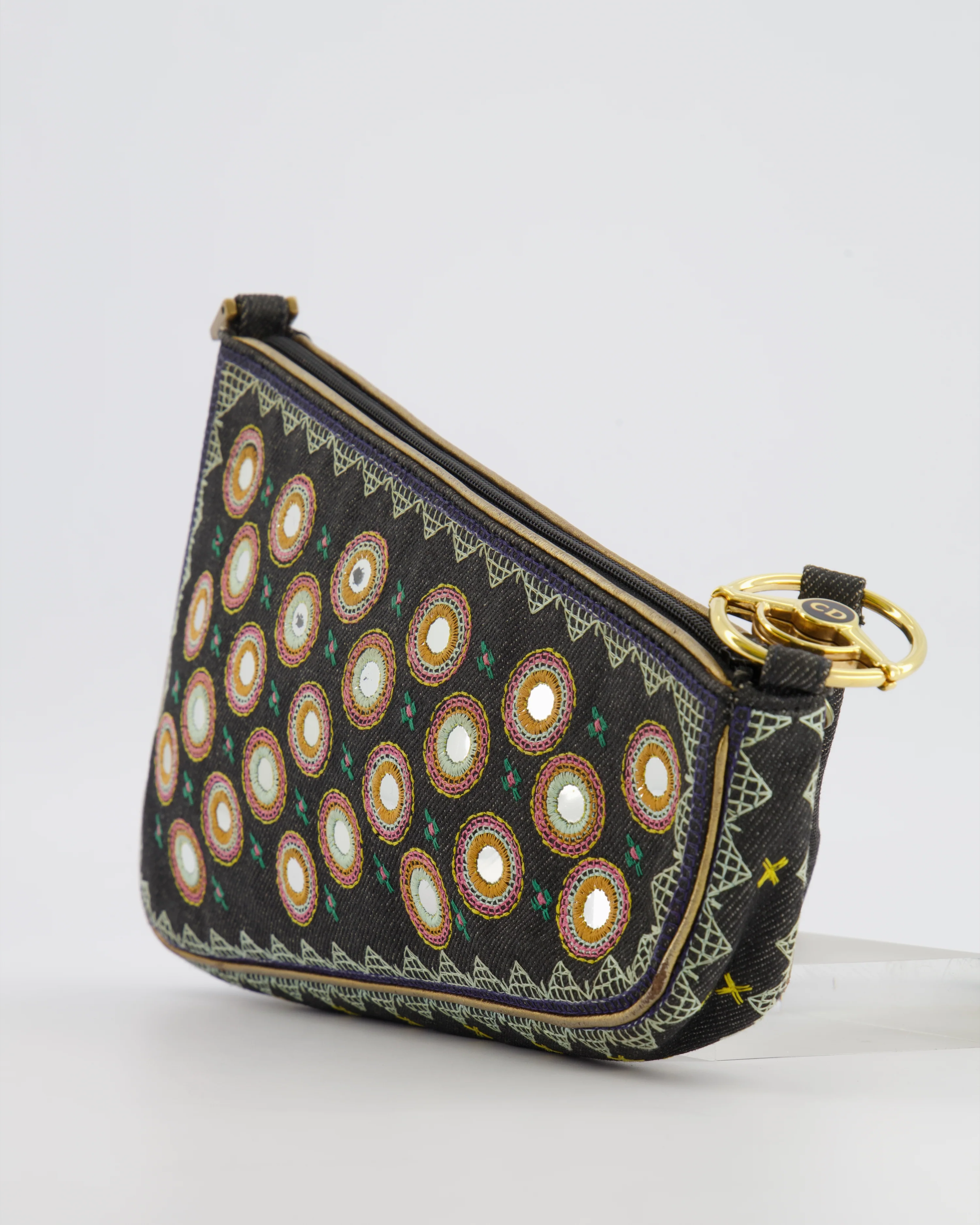 Christian Dior Vintage 2001 Navy Denim Embroidered Montaigne Chris 1947 Cadillac Bag with Mirror Sequin Embellishments and Brushed Gold Hardware - Image 15