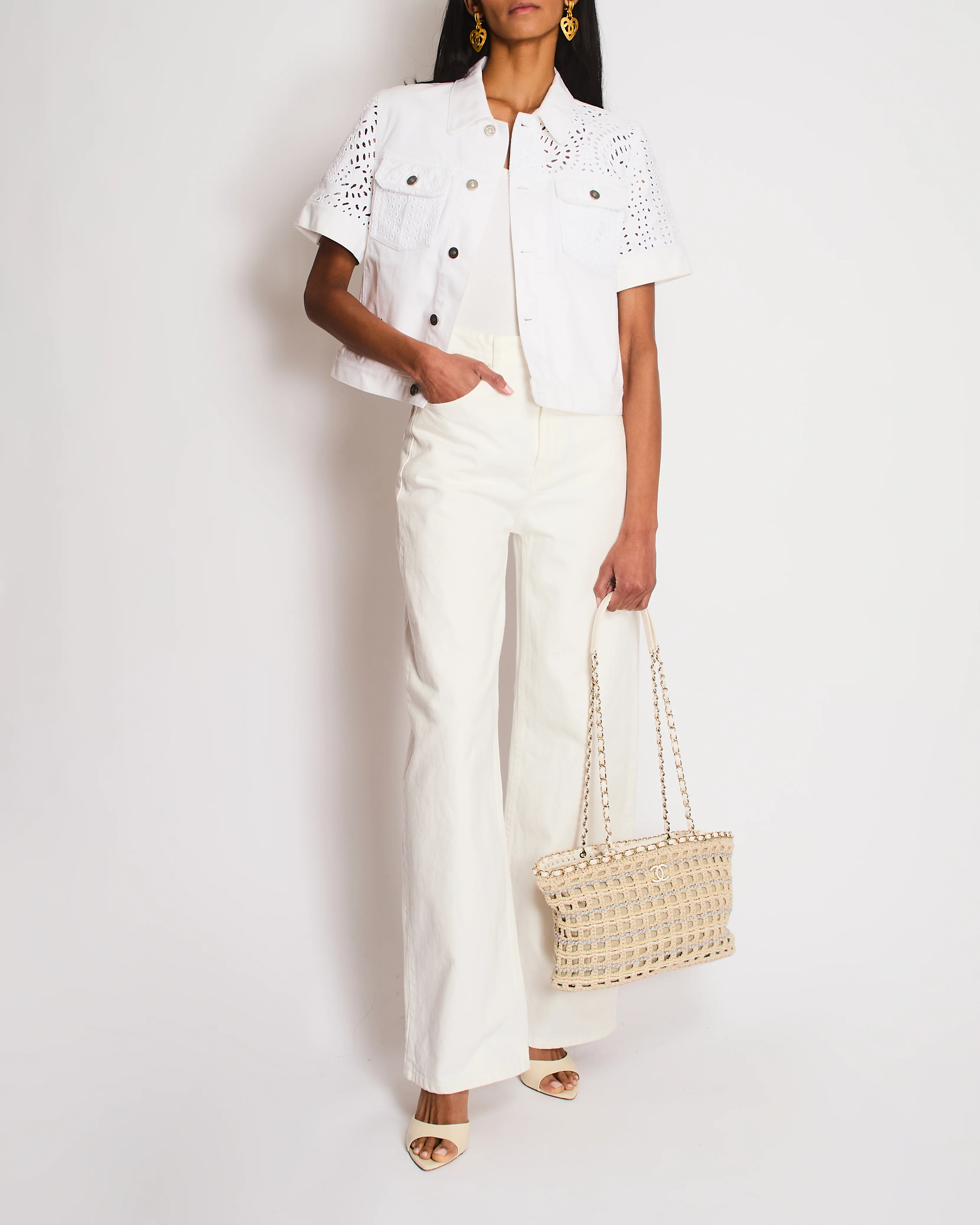 Christian Dior White Laser Cut Short Sleeve Denim Jacket with Logo Detail Size FR 42 (UK 14)