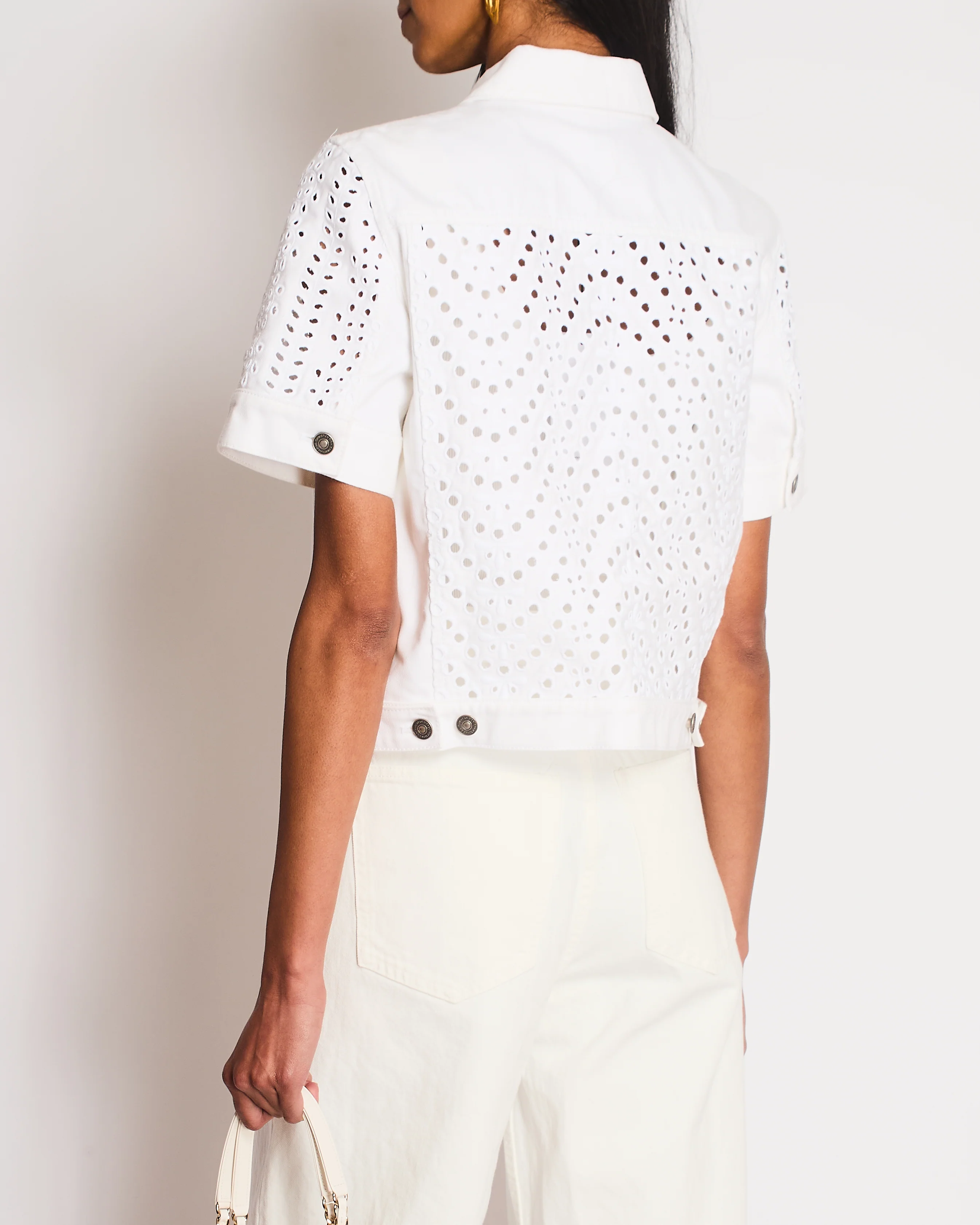 Christian Dior White Laser Cut Short Sleeve Denim Jacket with Logo Detail Size FR 42 (UK 14) - Image 6