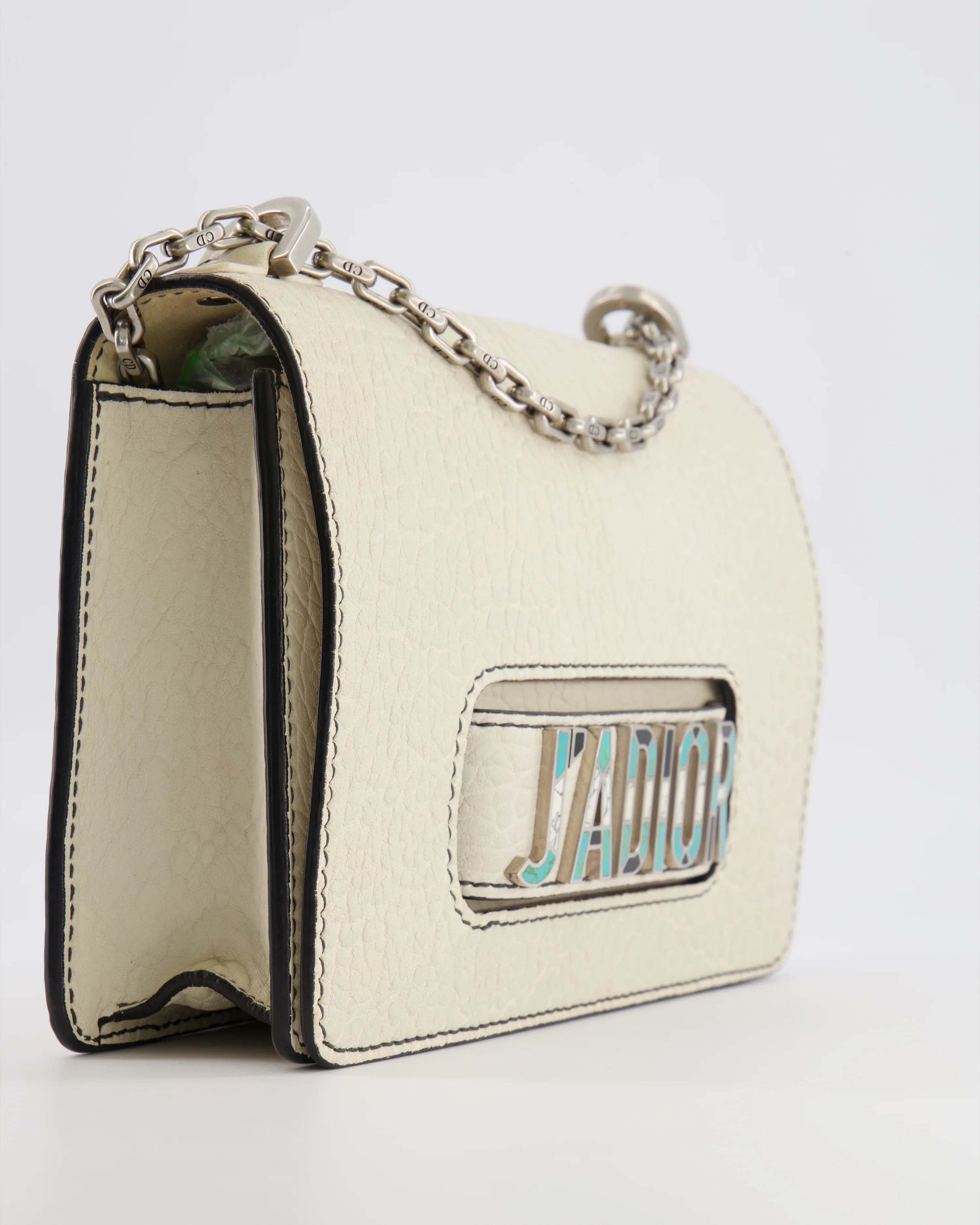 Christian Dior White Pebbled Leather J'Adior Flap Bag with Turquoise and White Logo, Silver Hardware - Image 10
