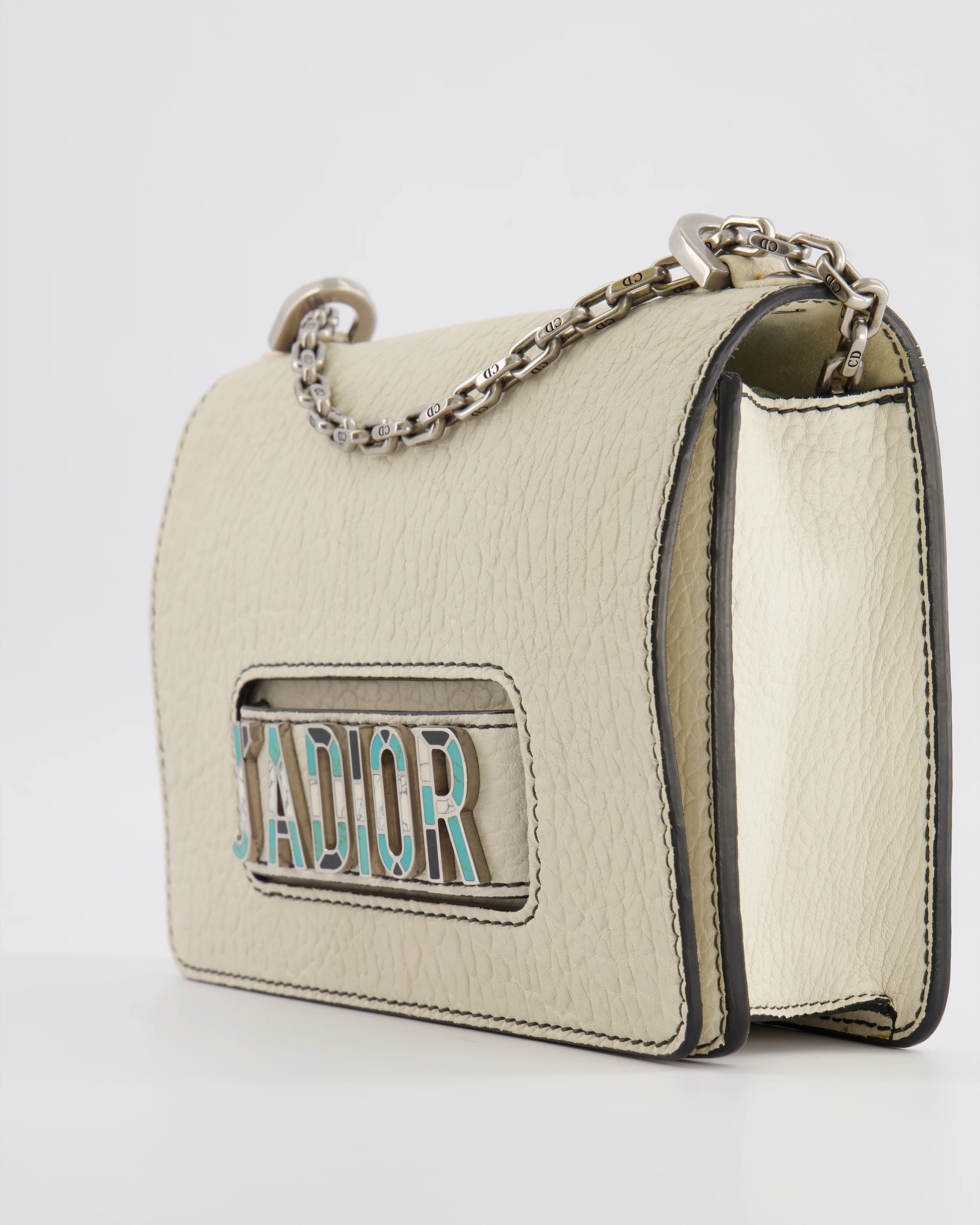Christian Dior White Pebbled Leather J'Adior Flap Bag with Turquoise and White Logo, Silver Hardware - Image 11