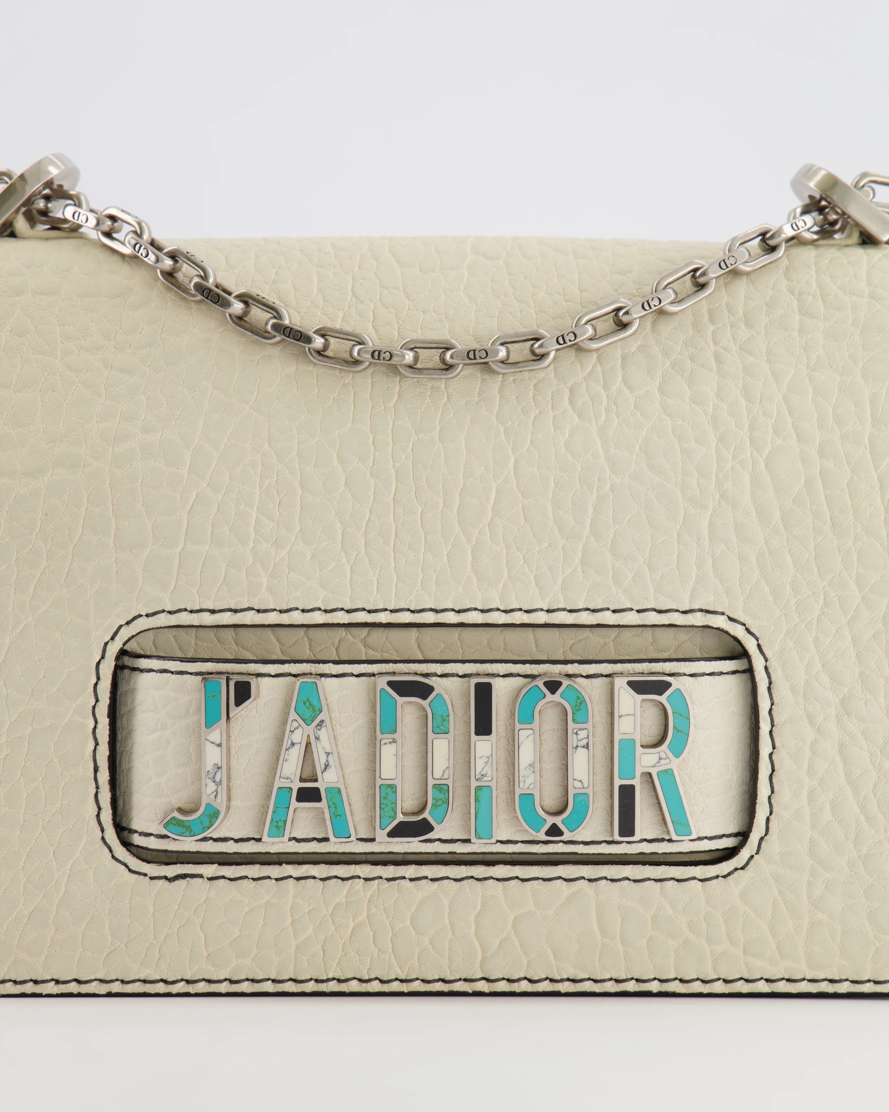 Christian Dior White Pebbled Leather J'Adior Flap Bag with Turquoise and White Logo, Silver Hardware - Image 14