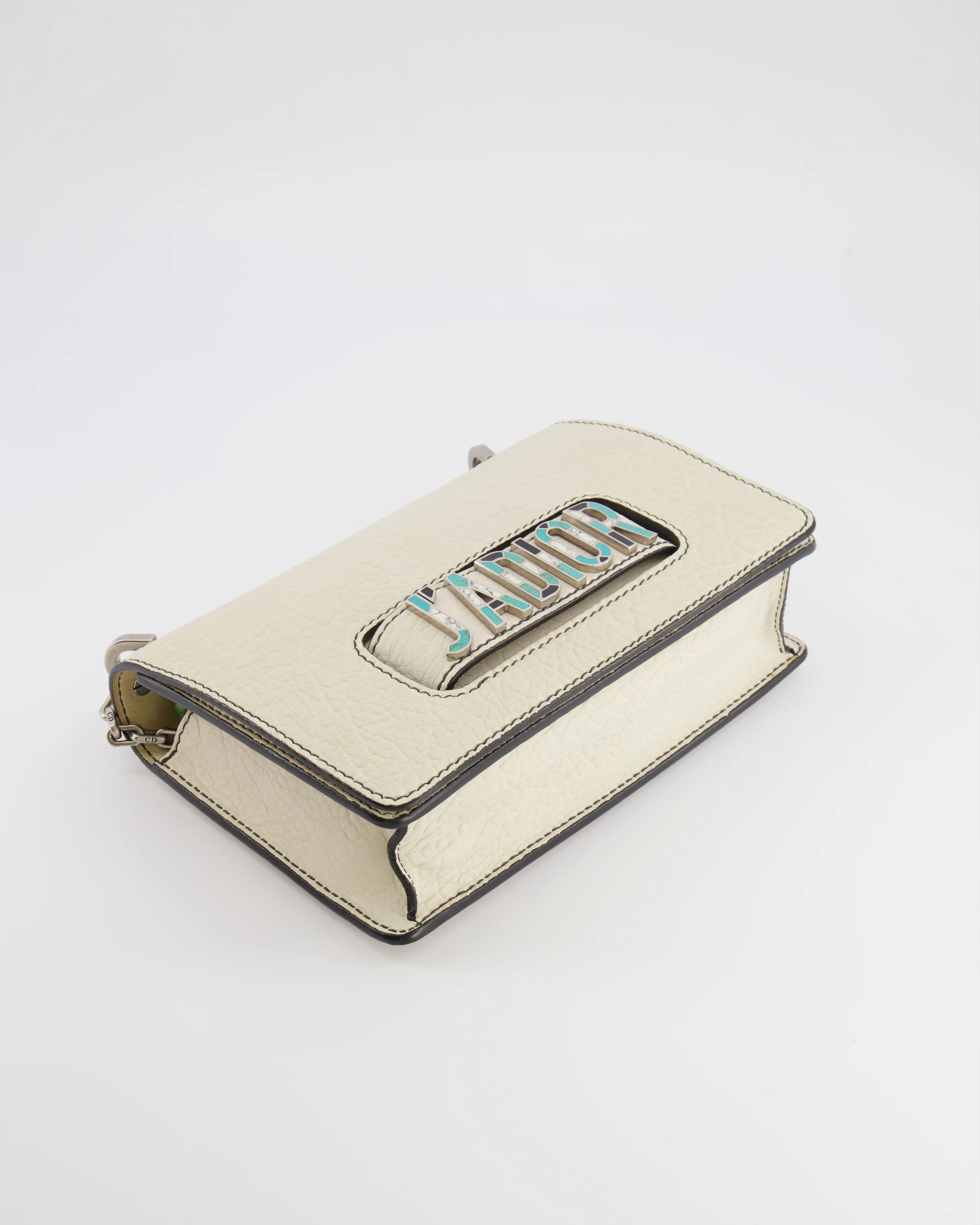 Christian Dior White Pebbled Leather J'Adior Flap Bag with Turquoise and White Logo, Silver Hardware - Image 18