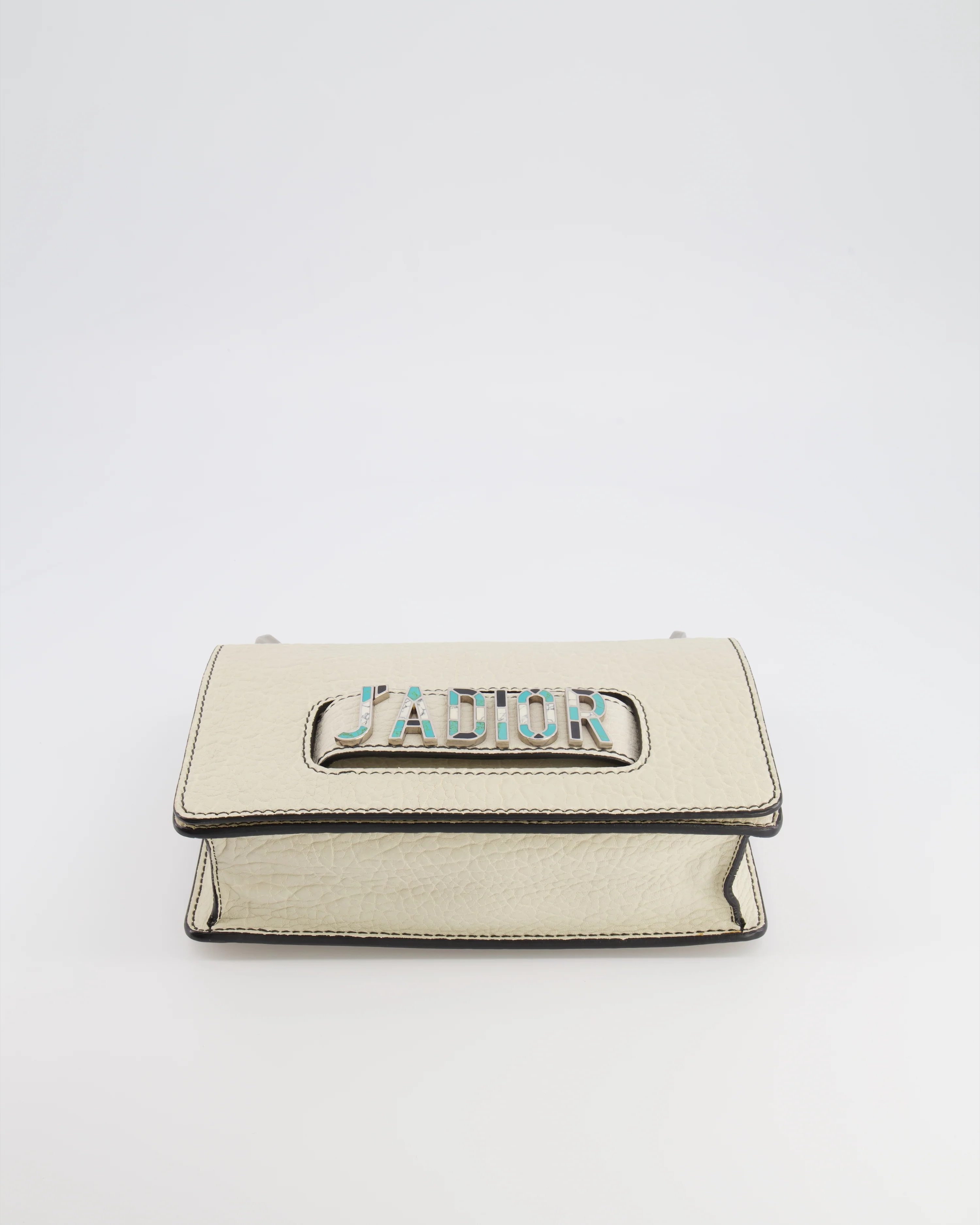 Christian Dior White Pebbled Leather J'Adior Flap Bag with Turquoise and White Logo, Silver Hardware - Image 19