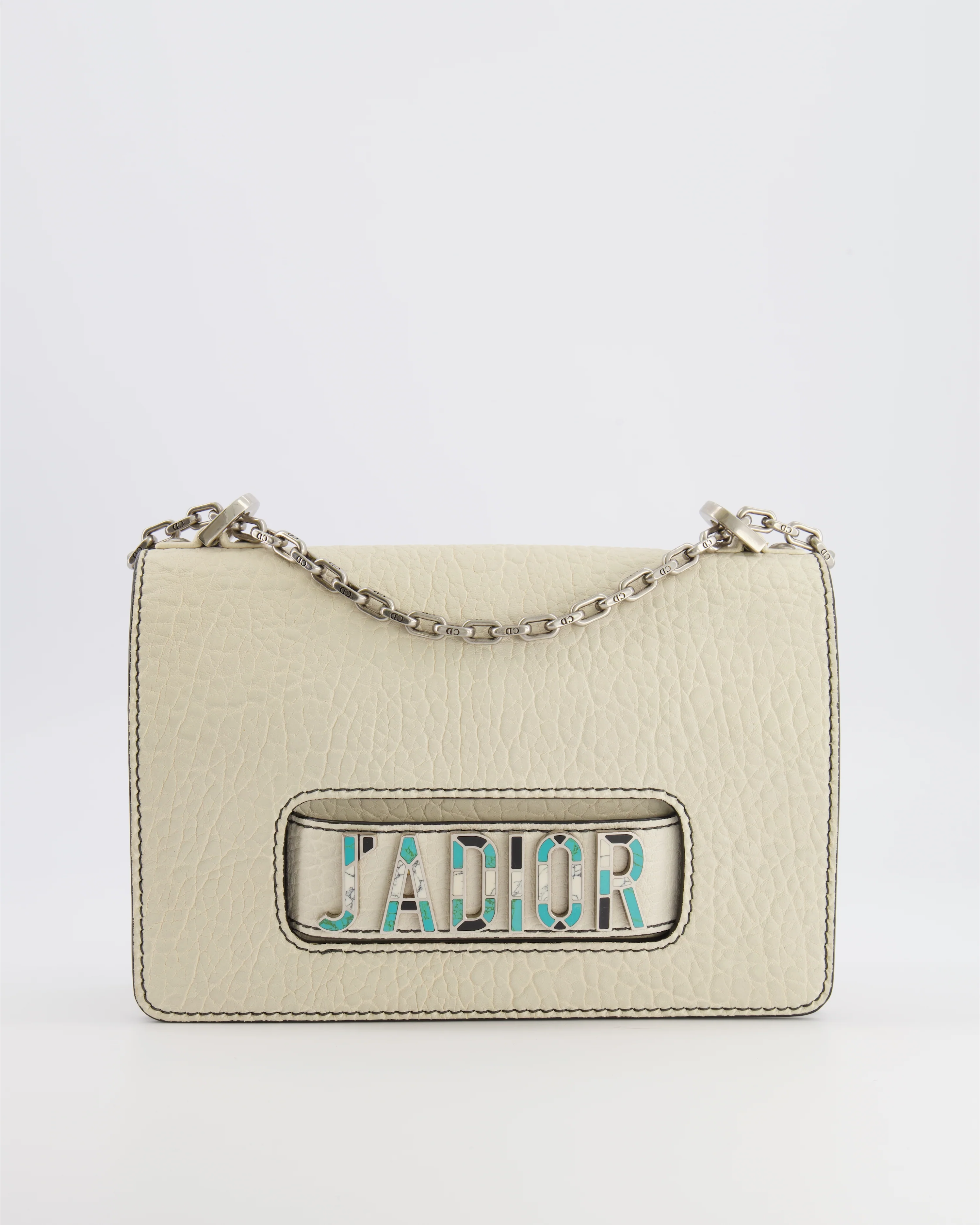 Christian Dior White Pebbled Leather J'Adior Flap Bag with Turquoise and White Logo, Silver Hardware - Image 2