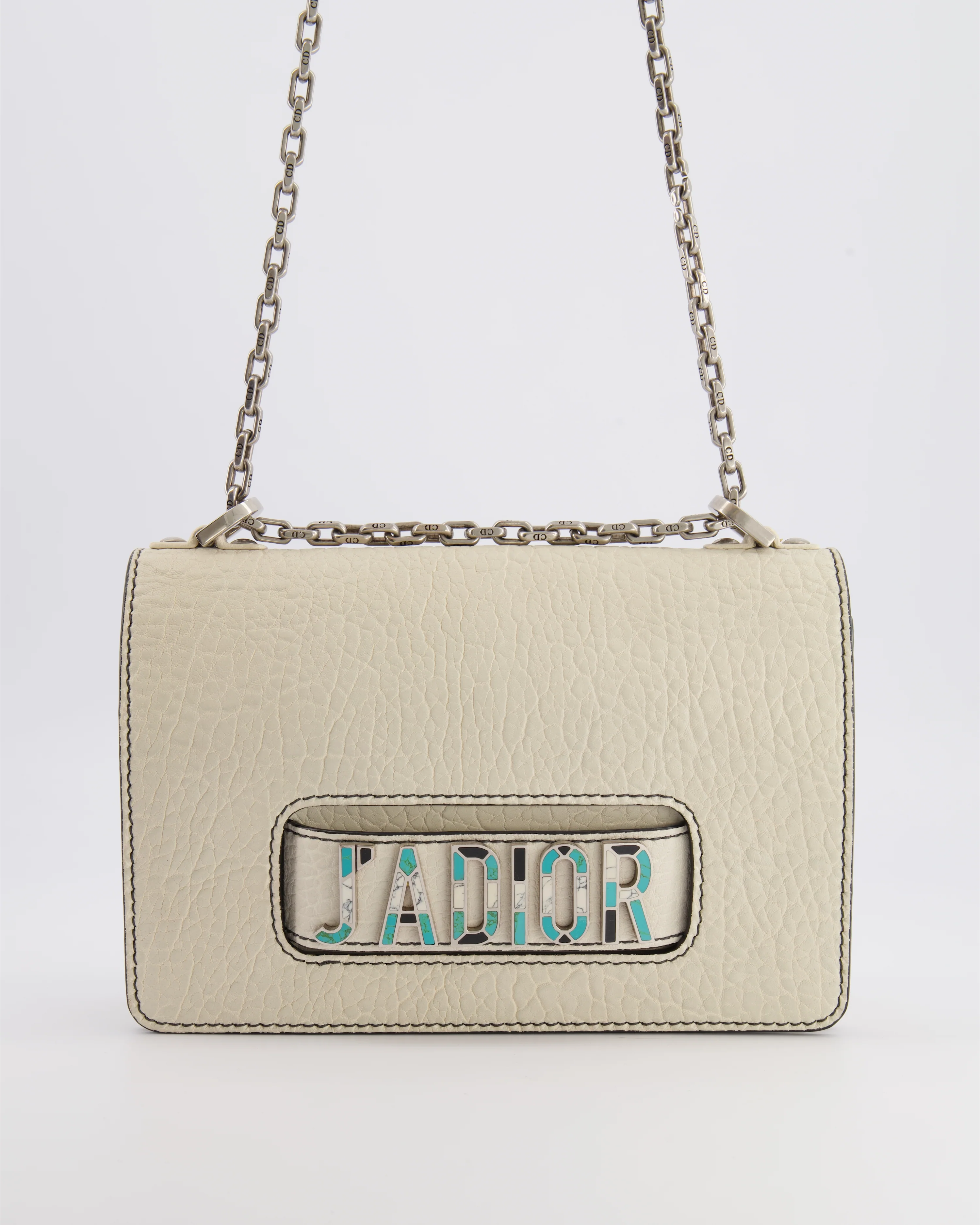 Christian Dior White Pebbled Leather J'Adior Flap Bag with Turquoise and White Logo, Silver Hardware - Image 3