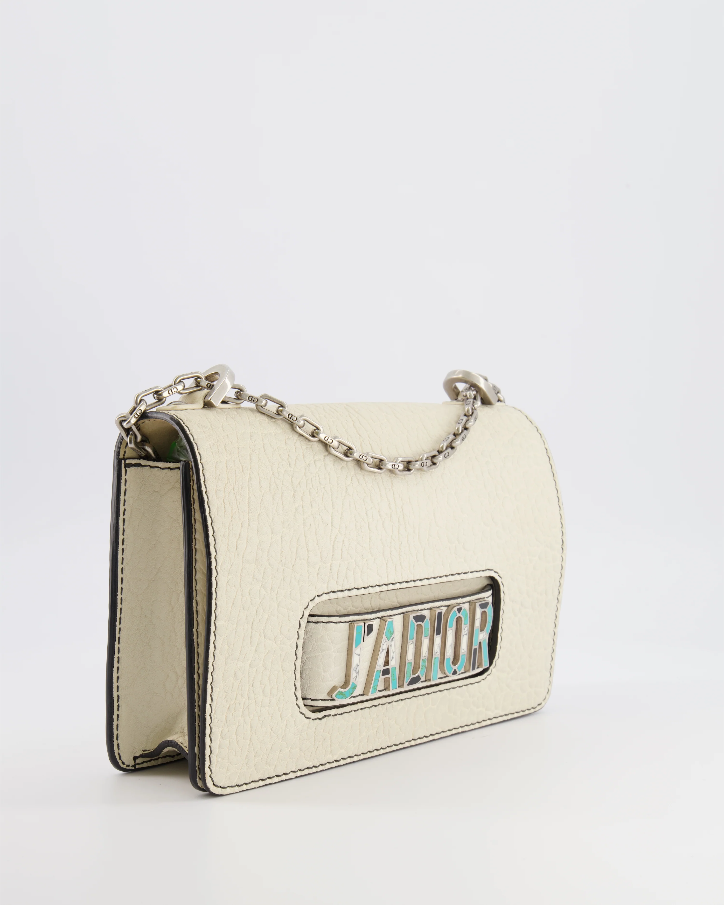 Christian Dior White Pebbled Leather J'Adior Flap Bag with Turquoise and White Logo, Silver Hardware - Image 4