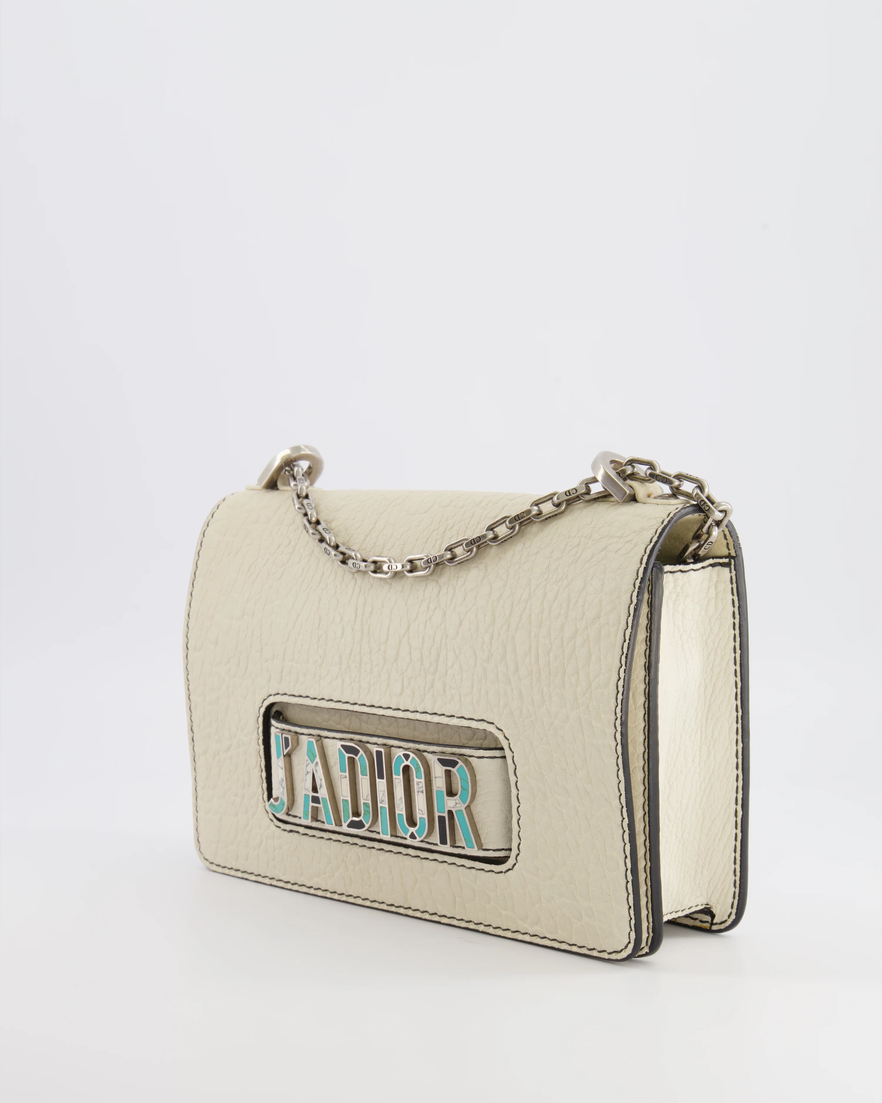 Christian Dior White Pebbled Leather J'Adior Flap Bag with Turquoise and White Logo, Silver Hardware - Image 9