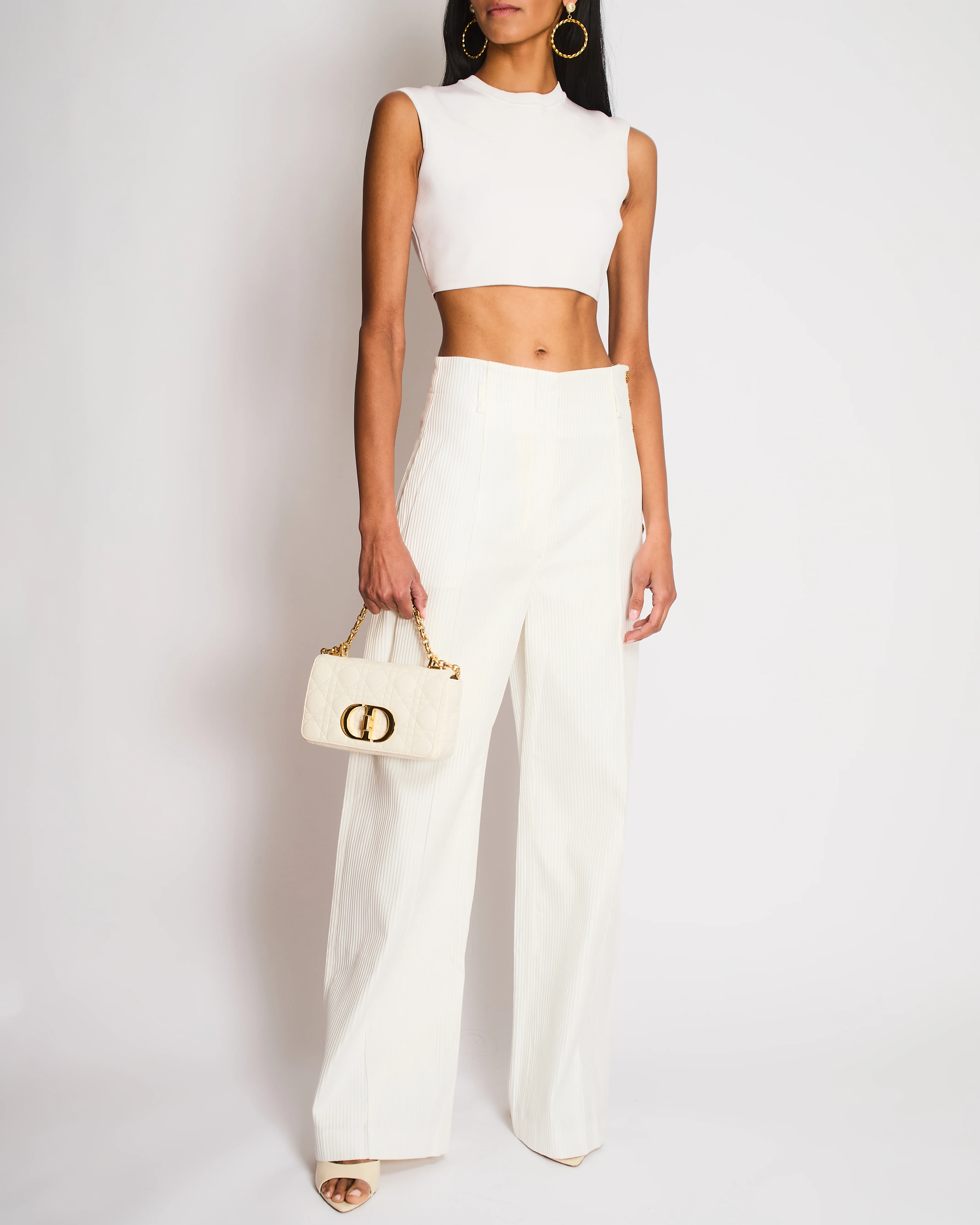 Christian Dior White Pinned Striped Flared High-Waisted Trousers With Gold Start Button Details On Side Size FR 40 (UK 12)