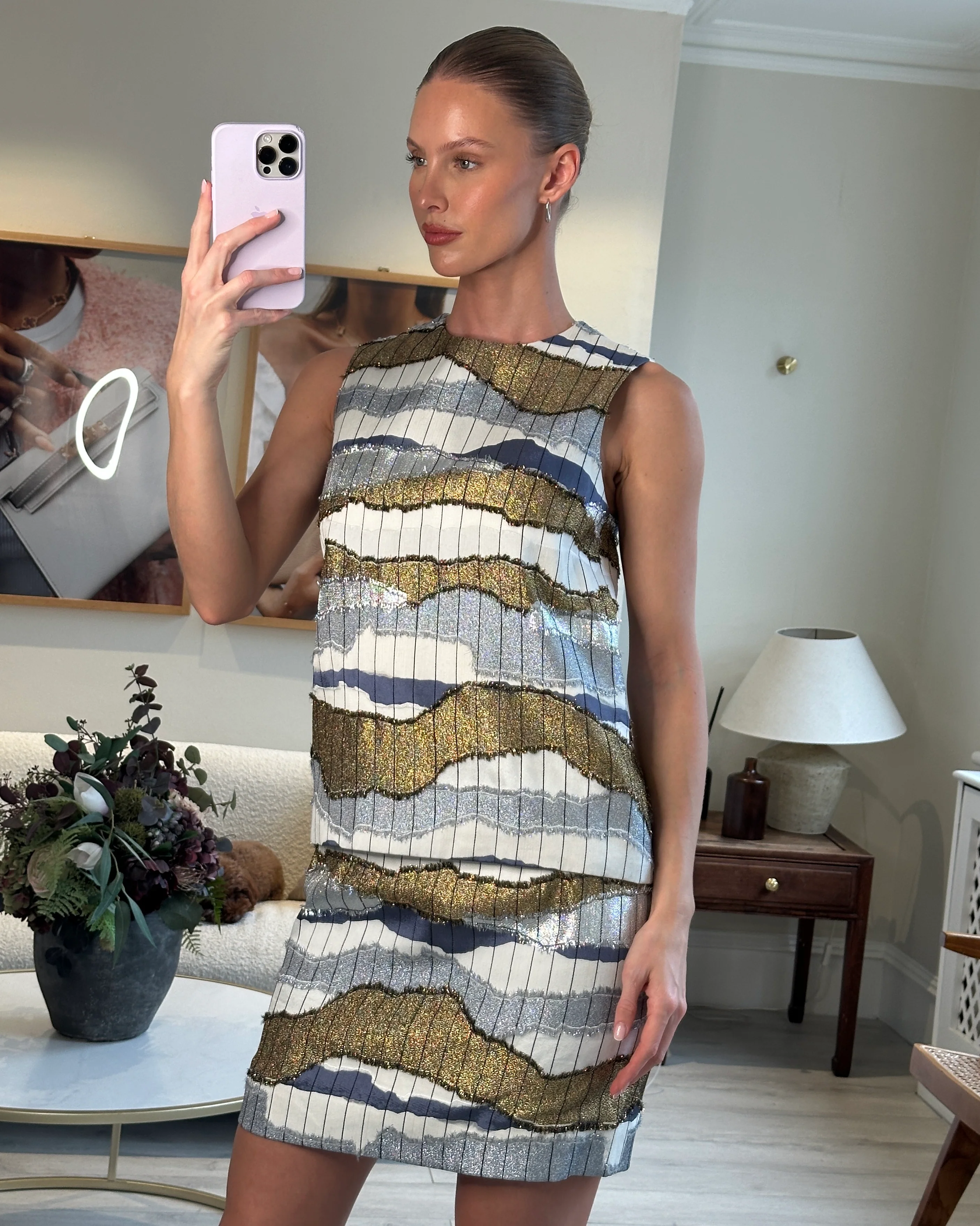 Christian Dior White, Silver and Gold Metallic Striped Vest Top and Mini Skirt Set Size FR 38/40 (UK 10/12) - Image 6