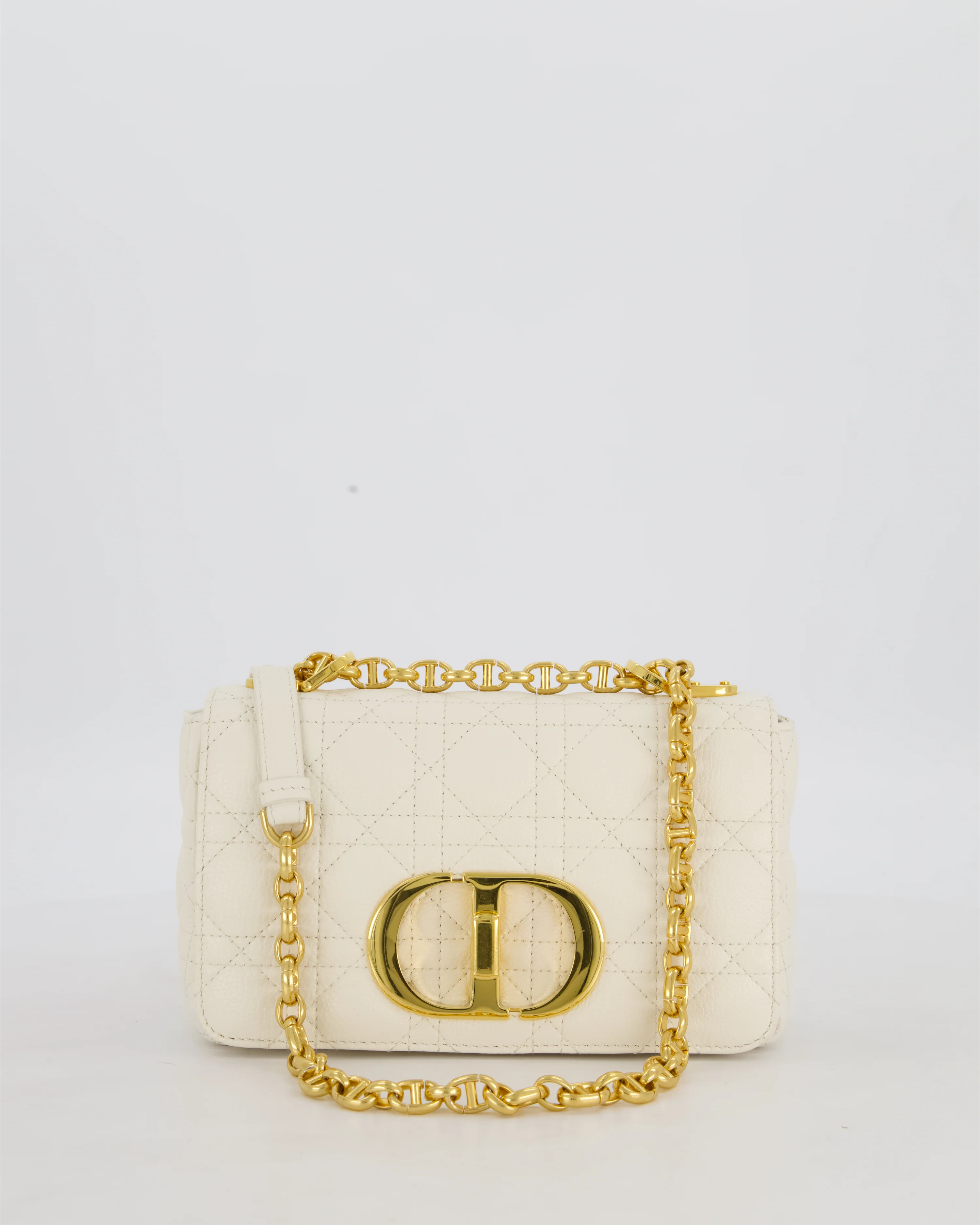 Christian Dior White Small Caro Bag In Cannage Calfskin Leather With Gold Hardware