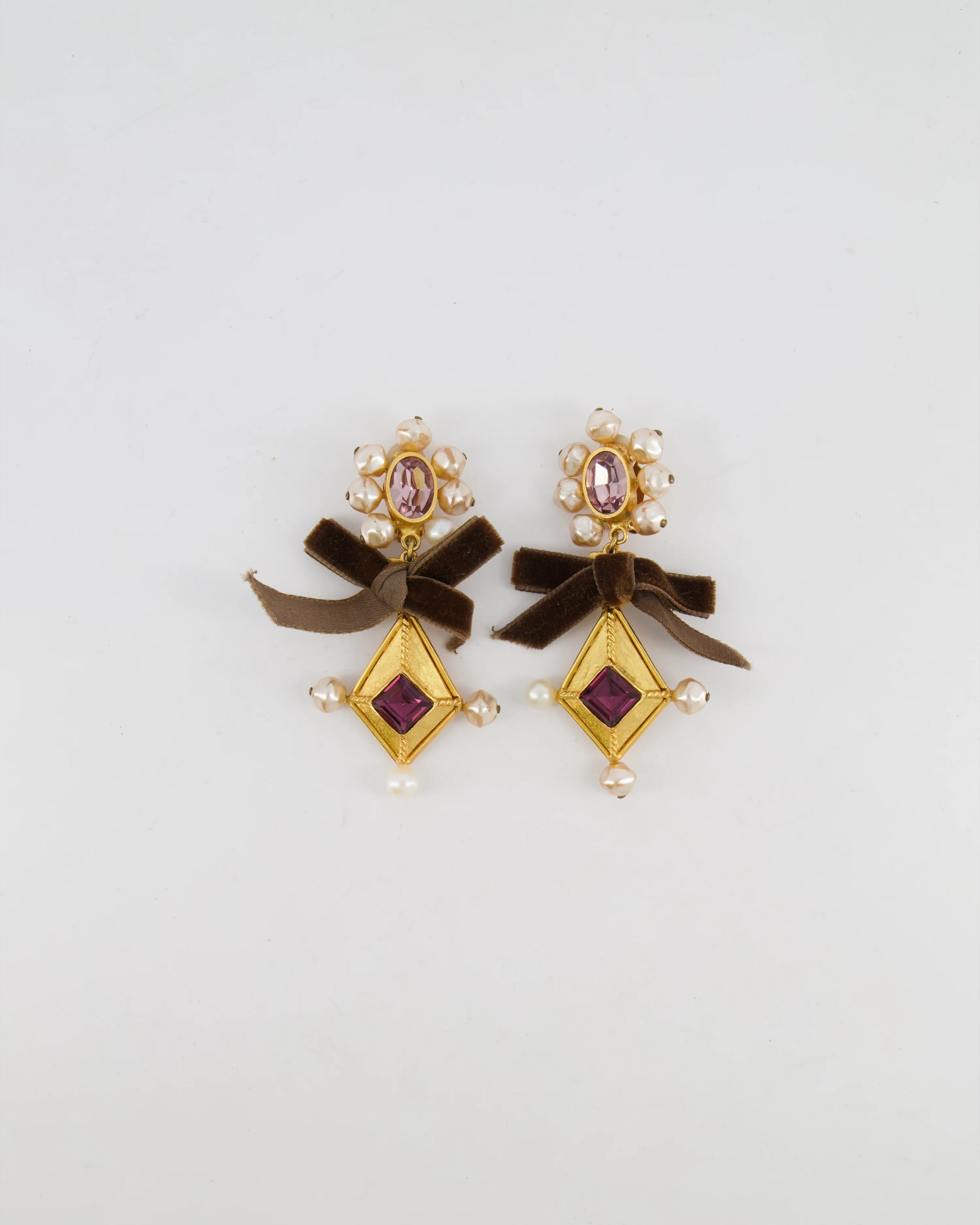 Christian Lacroix Brushed Gold, Pearl and Purple Crystal Embellished Pendant Clip On Earrings with Brown Velvet Bow Detail