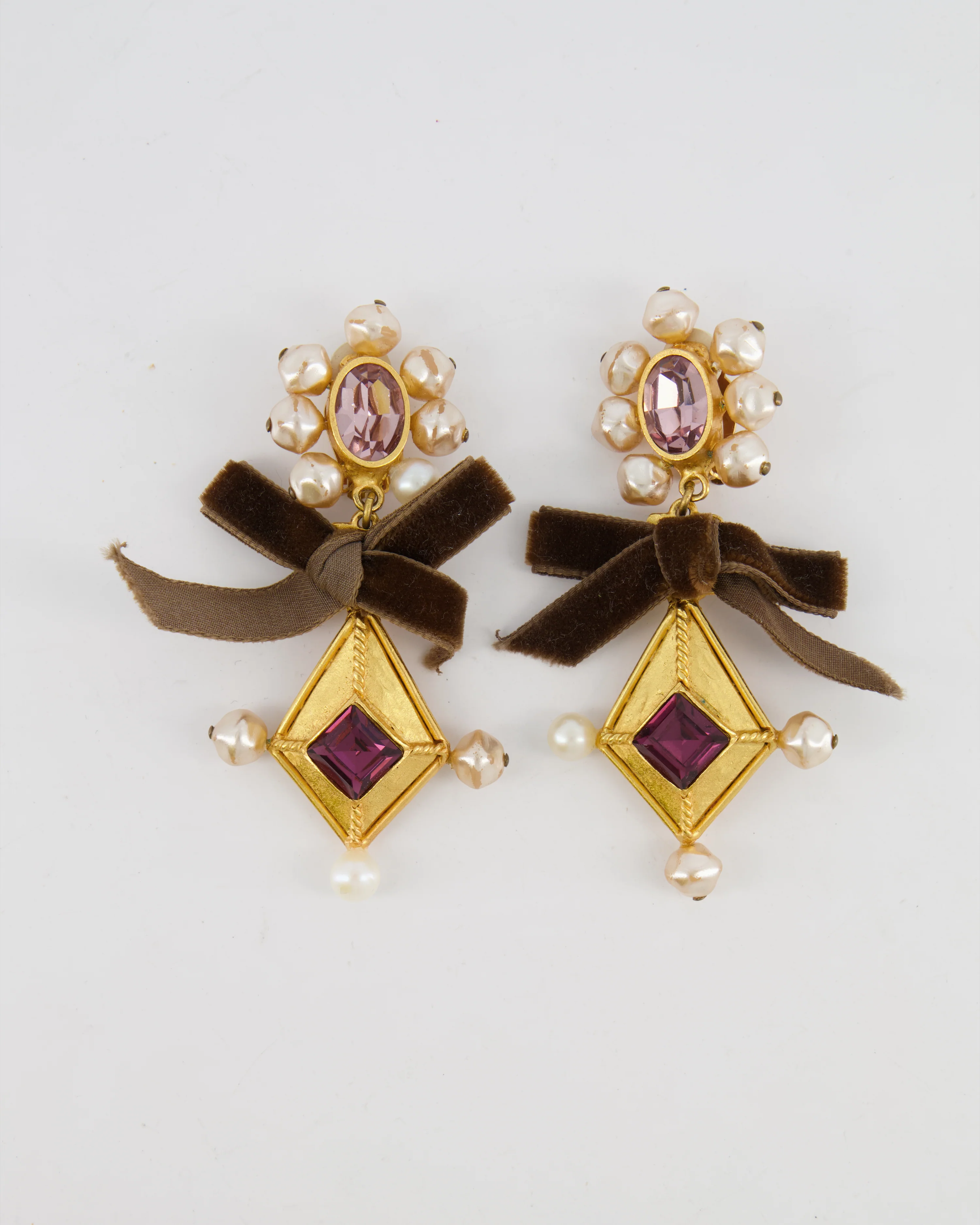 Christian Lacroix Brushed Gold, Pearl and Purple Crystal Embellished Pendant Clip On Earrings with Brown Velvet Bow Detail - Image 2