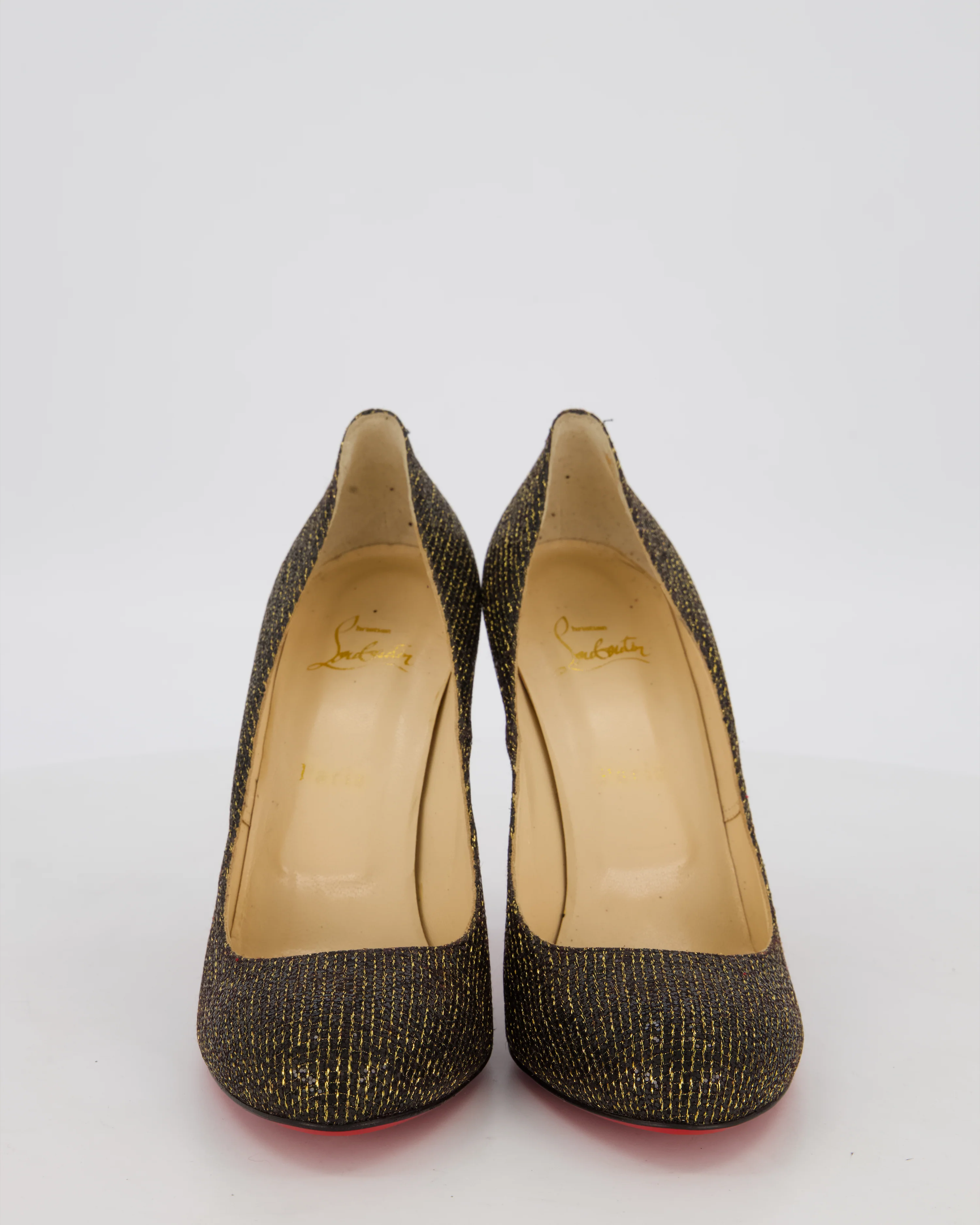 Christian Louboutin Black and Gold Glitter Fifi Heels Size EU 40.5 - Image 3