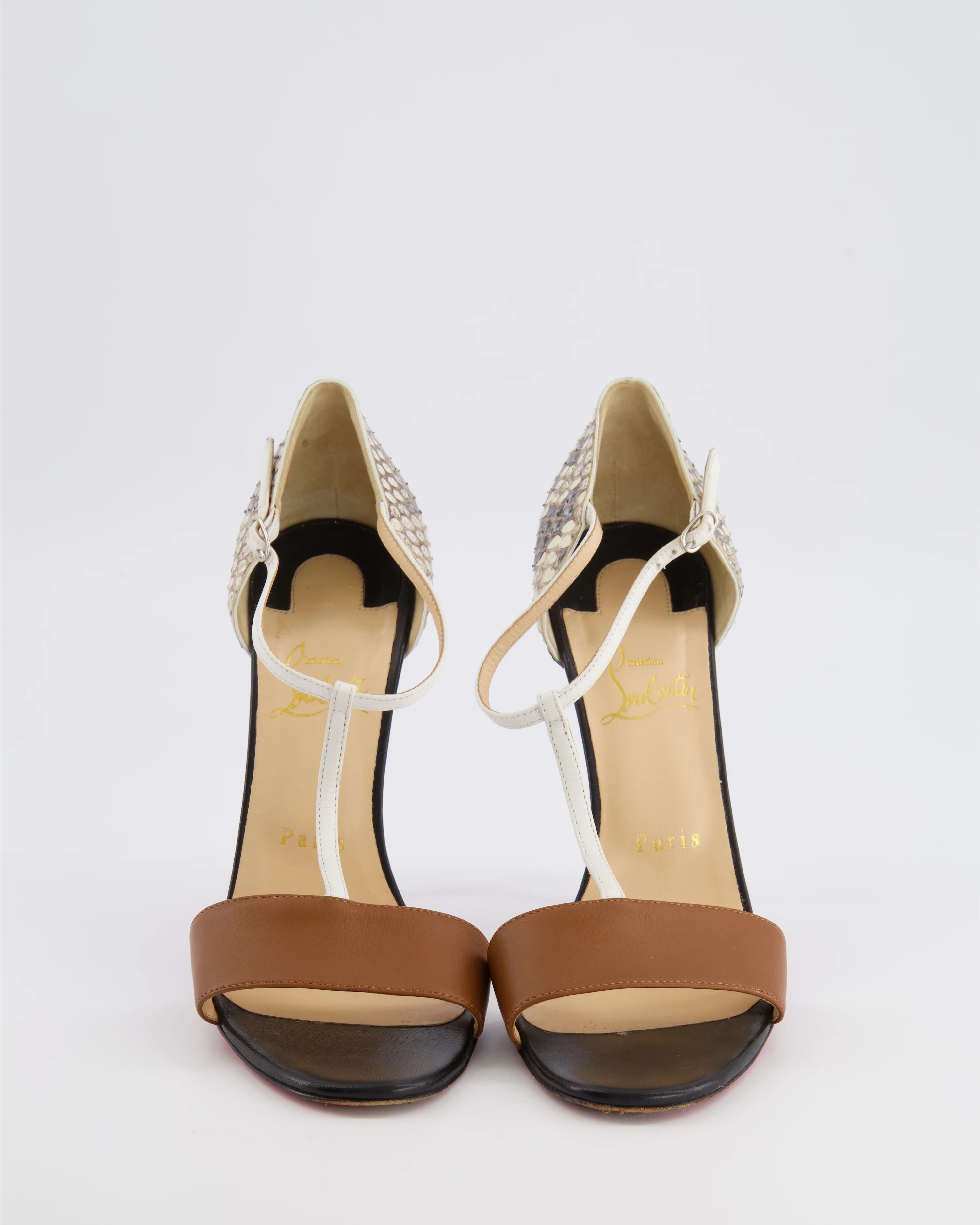 Christian Louboutin Brown, Black and Cream Python Sandal Heels Size EU 38.5 - Image 4
