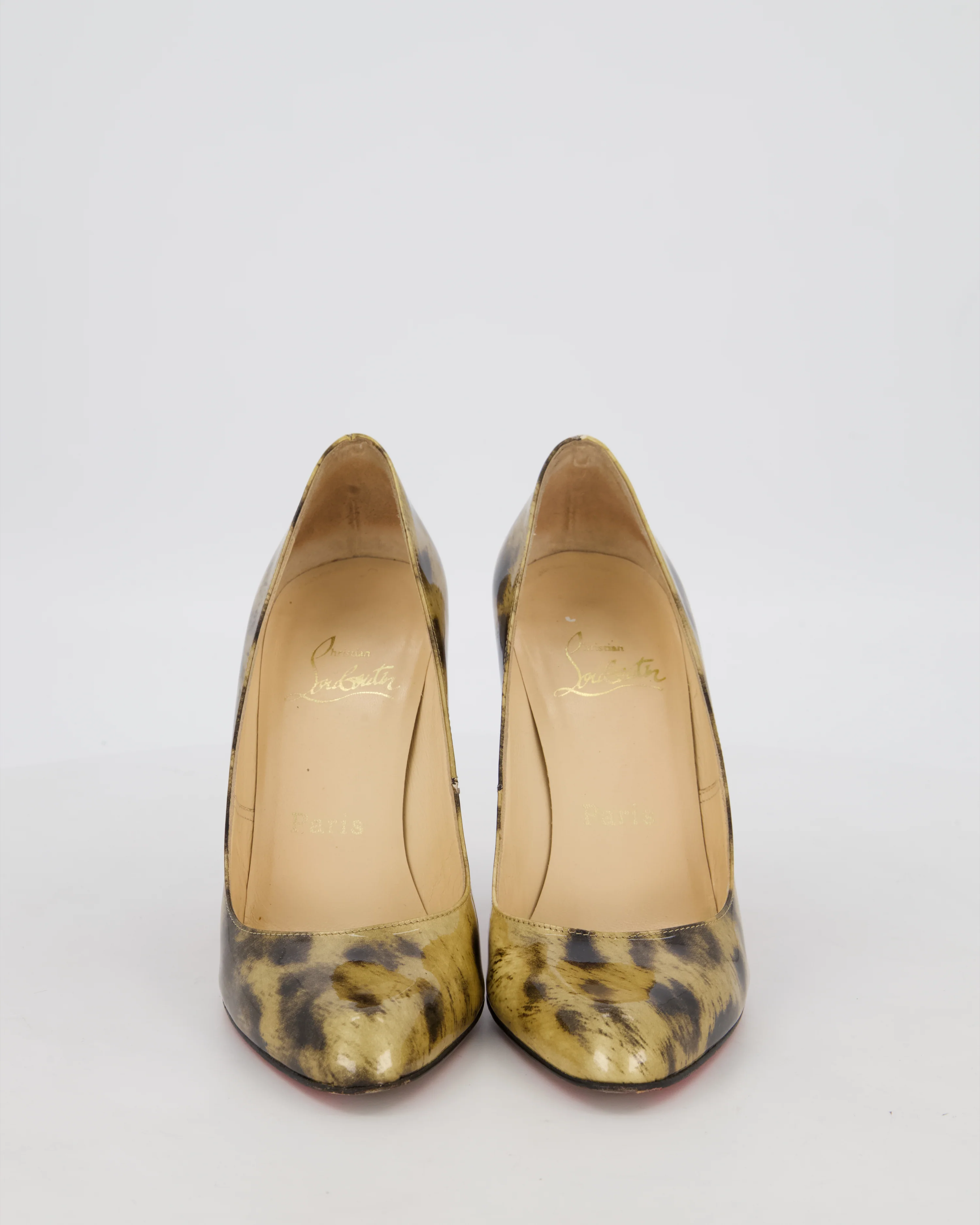 Christian Louboutin Gold and Black Leopard Print Patent Decollete Heels Size EU 38 - Image 3
