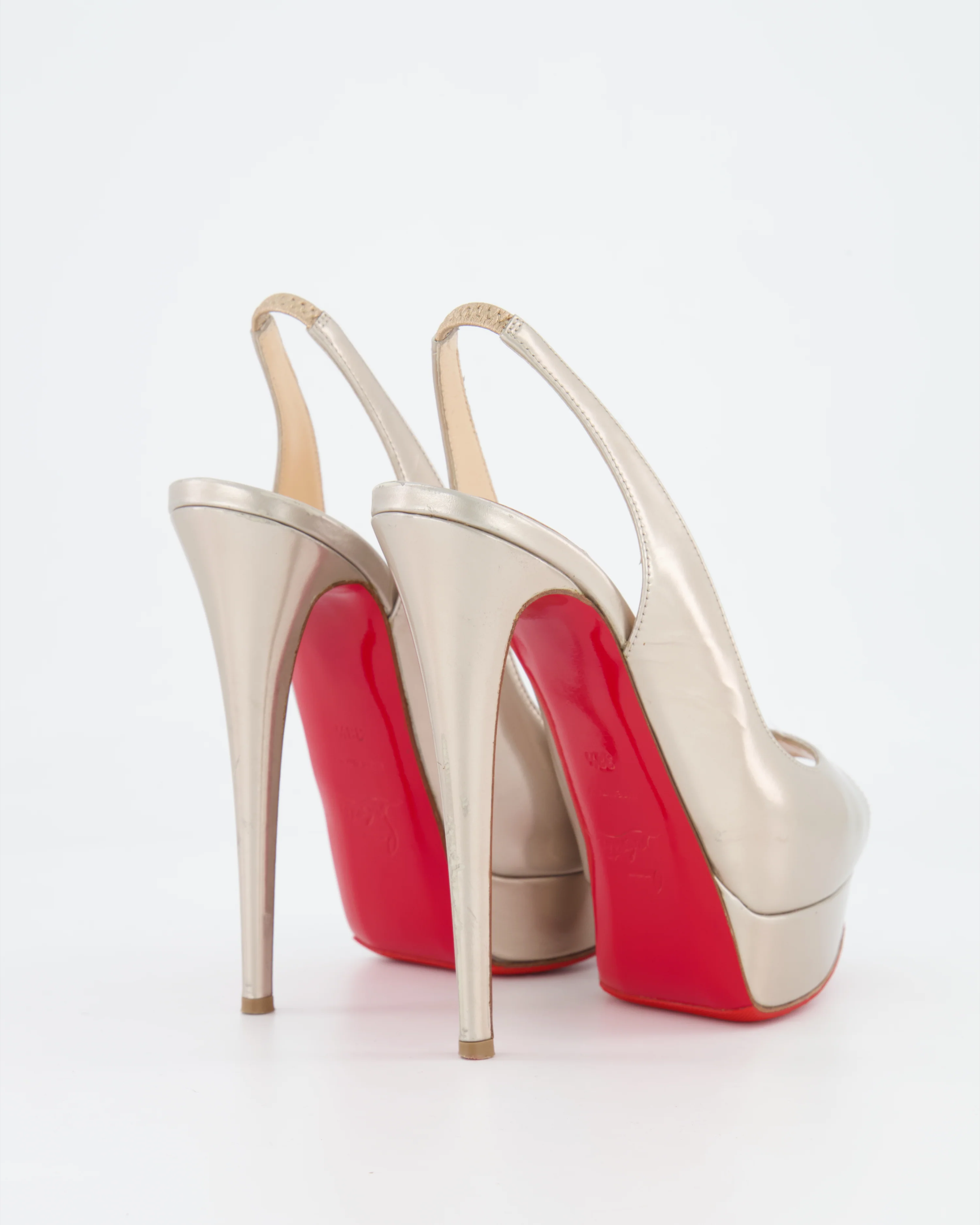 Christian Louboutin Metallic Gold Patent Leather Lady Peep Slingback Open-Toe Platform Heeled Shoes Size EU 38.5 - Image 4