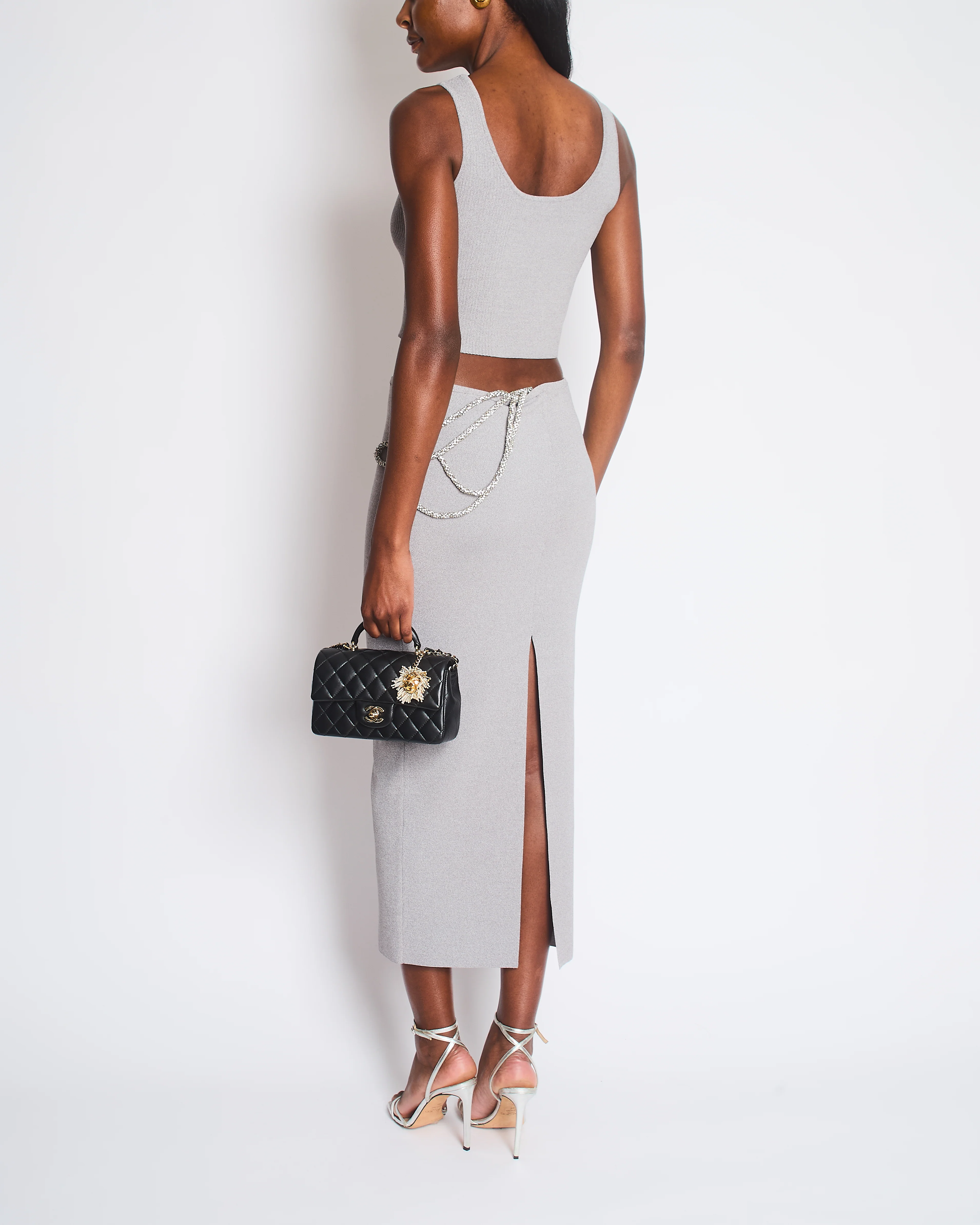 Christopher Esber Grey Crystal-Embellished Rope Cutout Ribbed Knit Top and Matching Midi Skirt Size S (UK 8) - Image 2