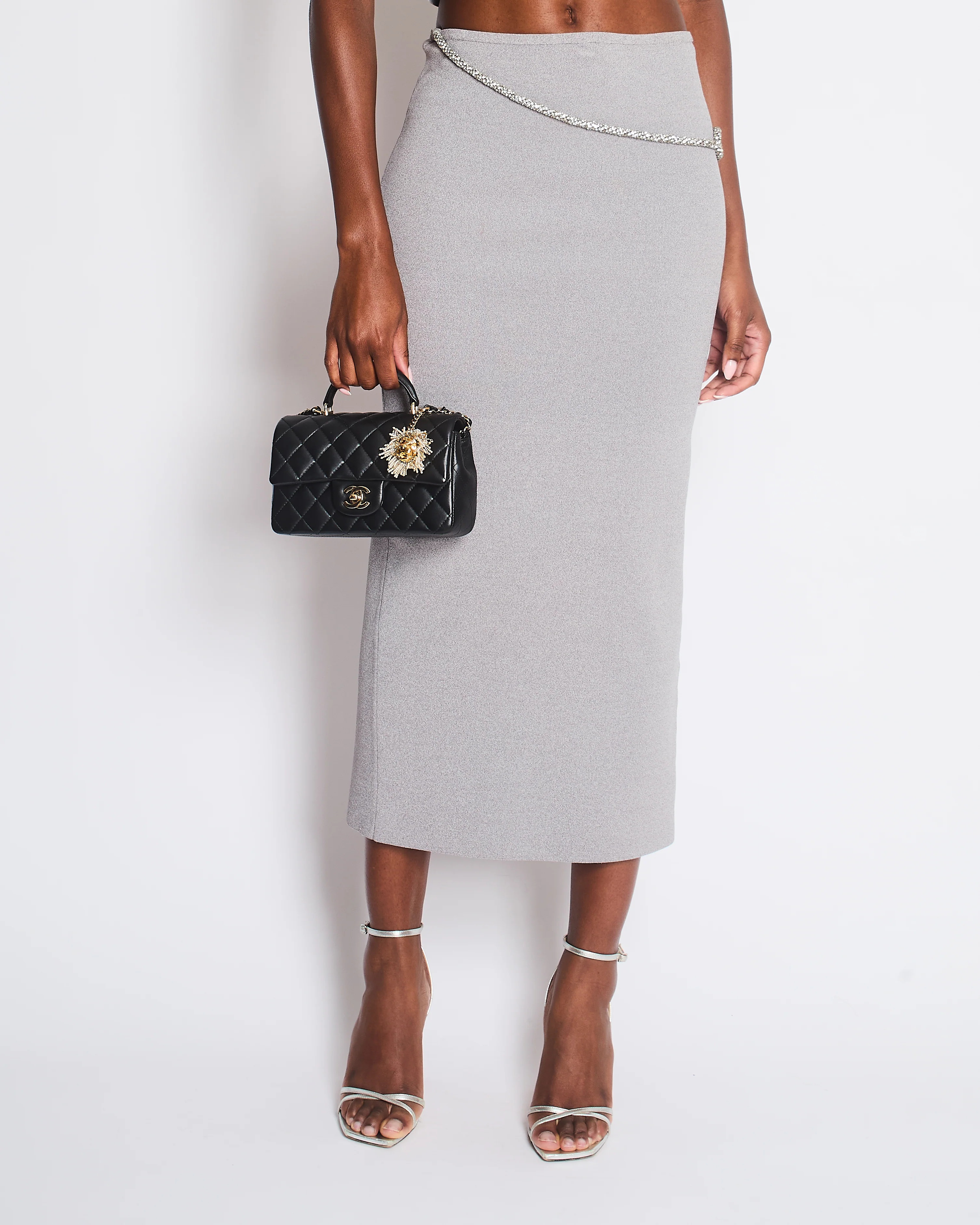 Christopher Esber Grey Crystal-Embellished Rope Cutout Ribbed Knit Top and Matching Midi Skirt Size S (UK 8) - Image 4
