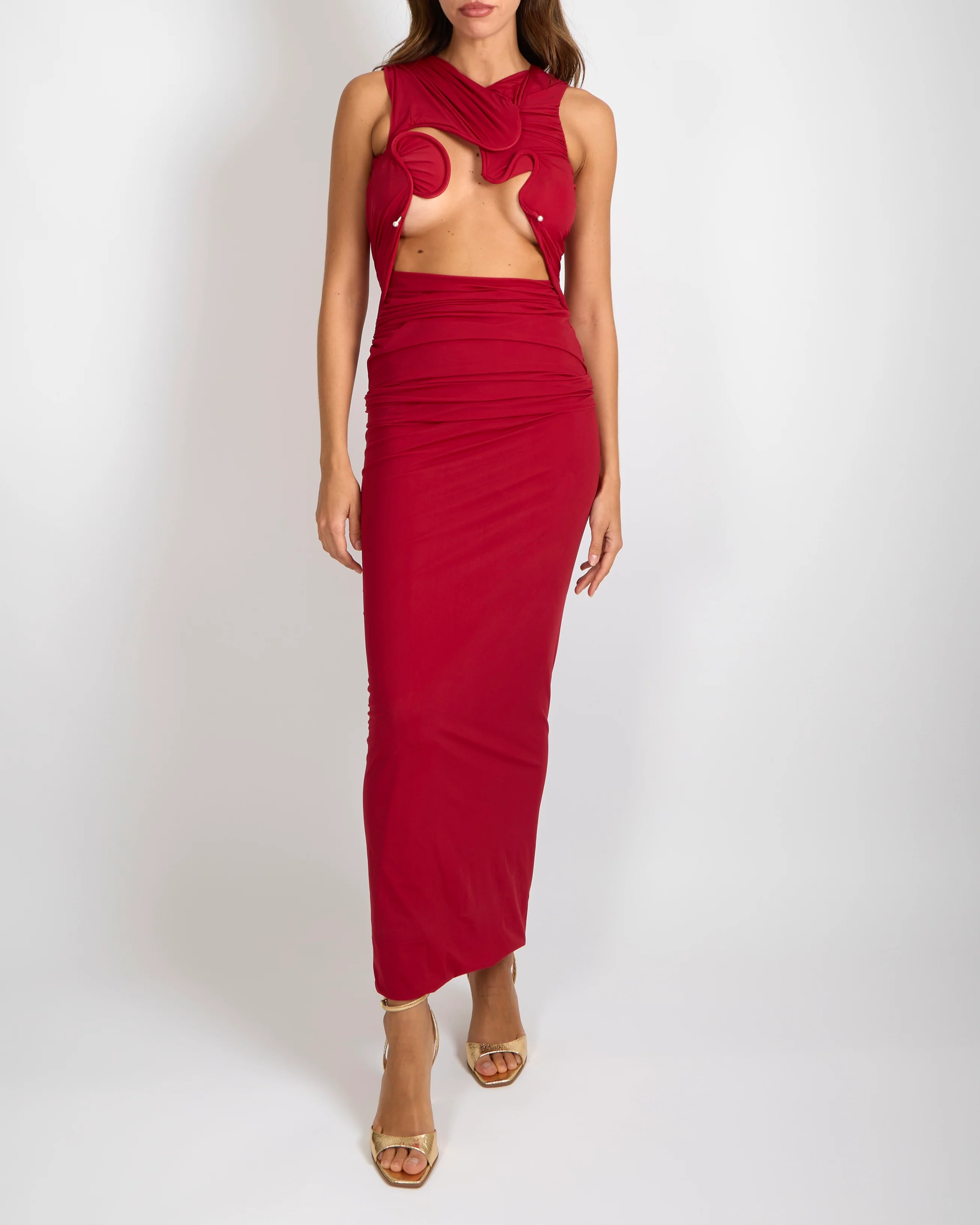 Christopher Esber Venus Tank Sleeveless Maxi Dress in Cherry with Ruched Details and Front Cut-Out Size UK 8 RRP £950