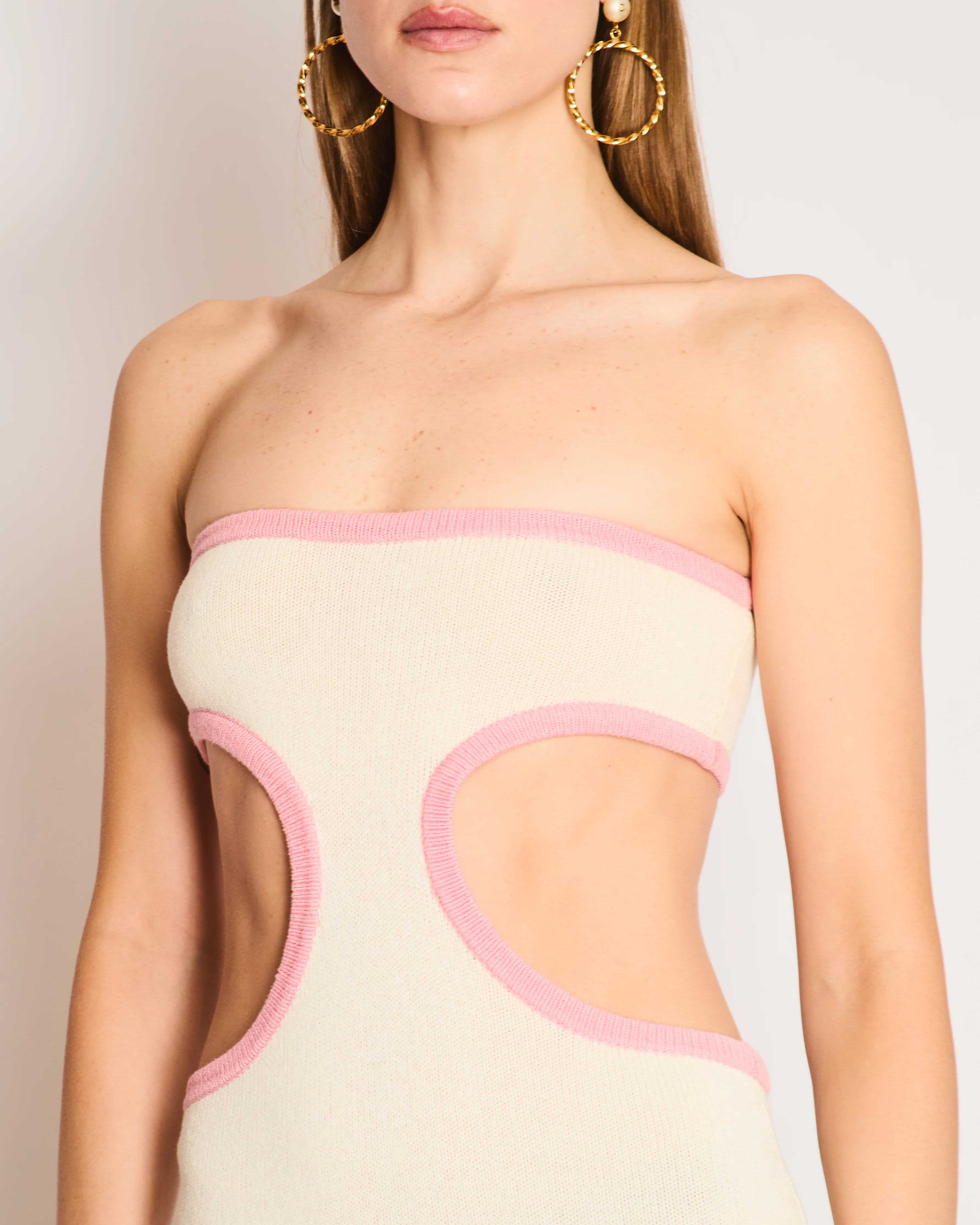 Cin Cin Cream Maxi Strapless Dress with Back Cutout and Pink Contrast Trim Size XS (UK 6) - Image 3