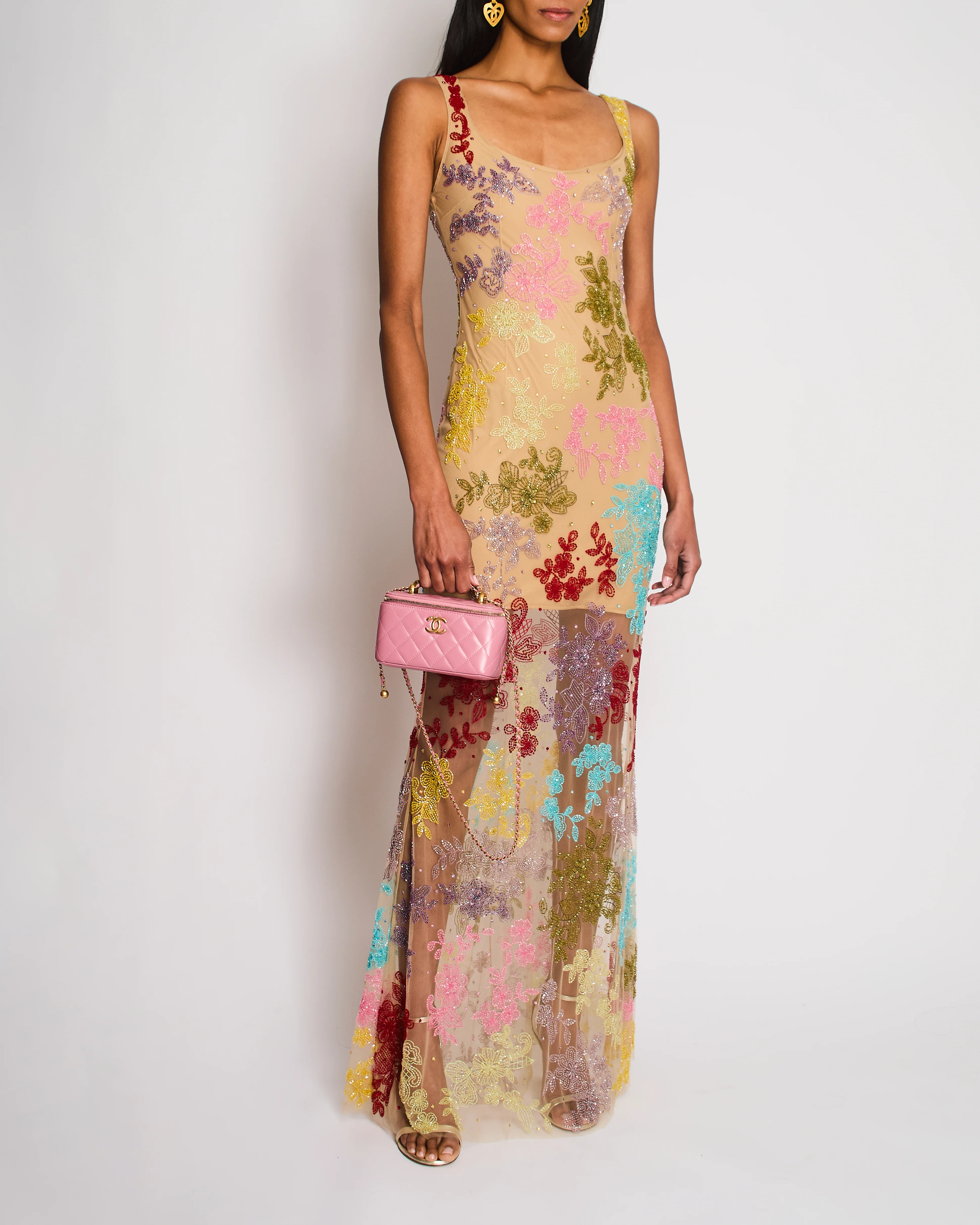 Clio Peppiatt Beige Sleeveless Floral Sequin Gown Size S (UK 8)