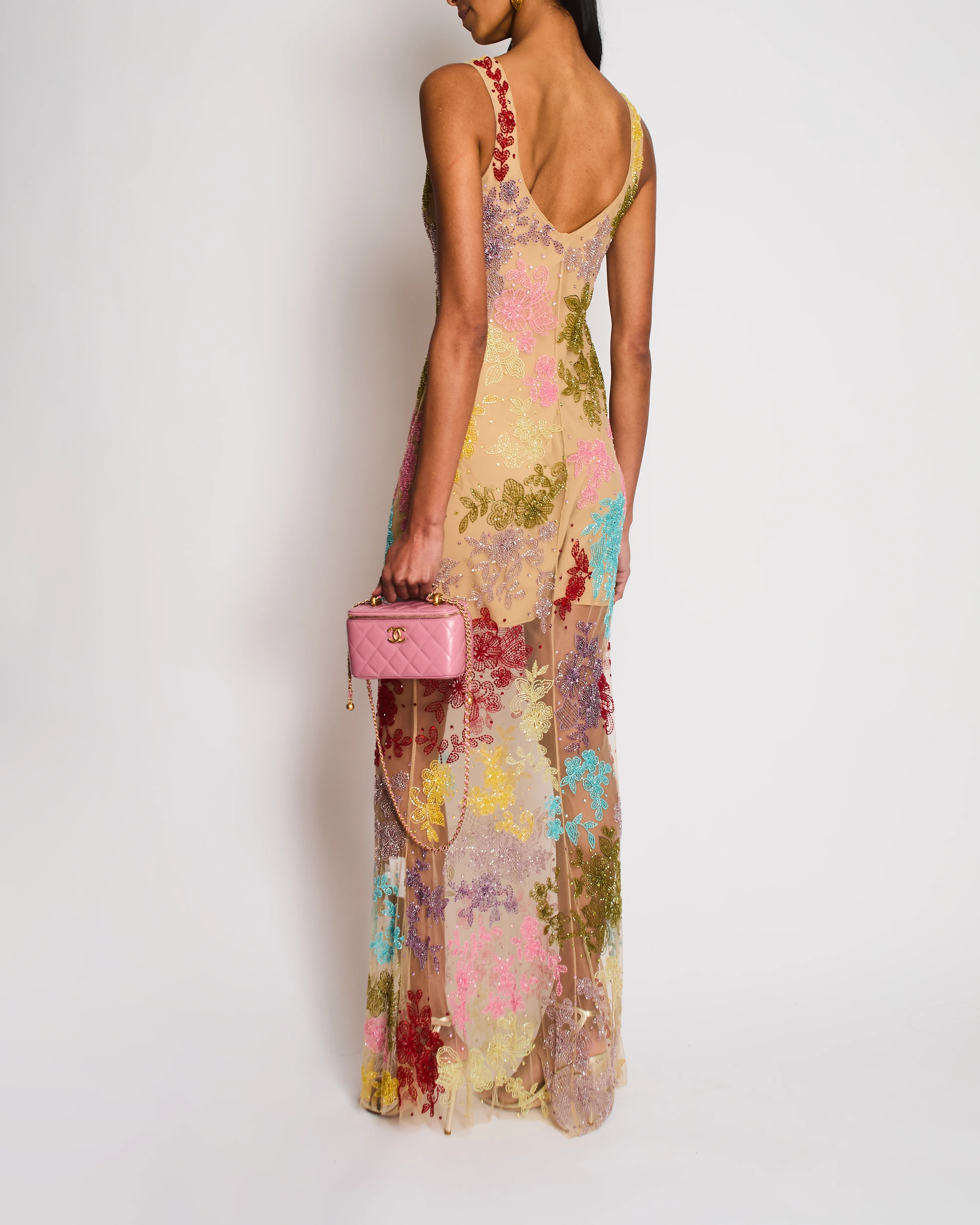 Clio Peppiatt Beige Sleeveless Floral Sequin Gown Size S (UK 8) - Image 4