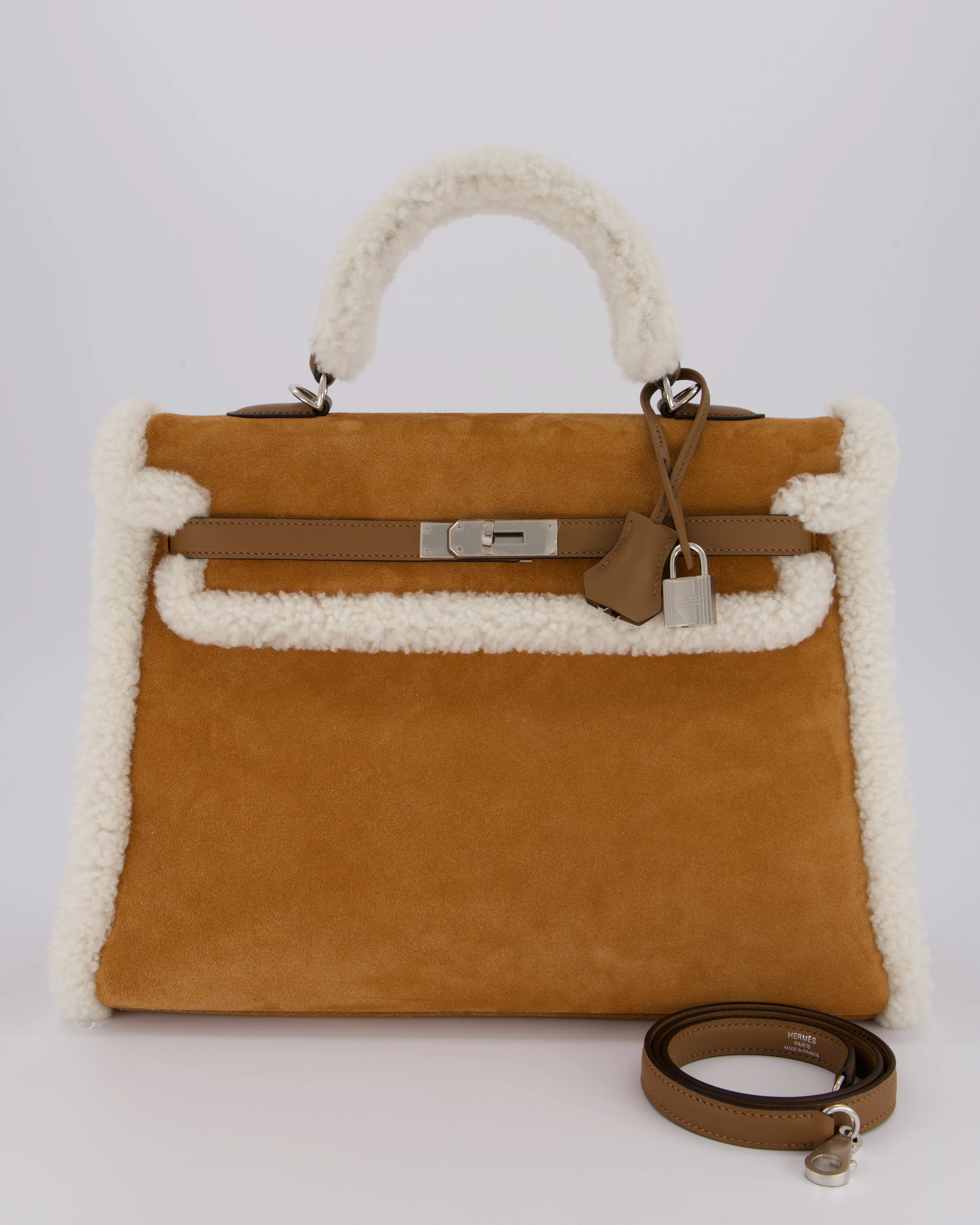 *COLLECTOR'S* Hermès Kelly 35 Teddy Plush Grizzly Bag in Alezan Swift Leather, Ecru Plush & Chamois Grizzly Suede Leather with Palladium Hardware - Image 3