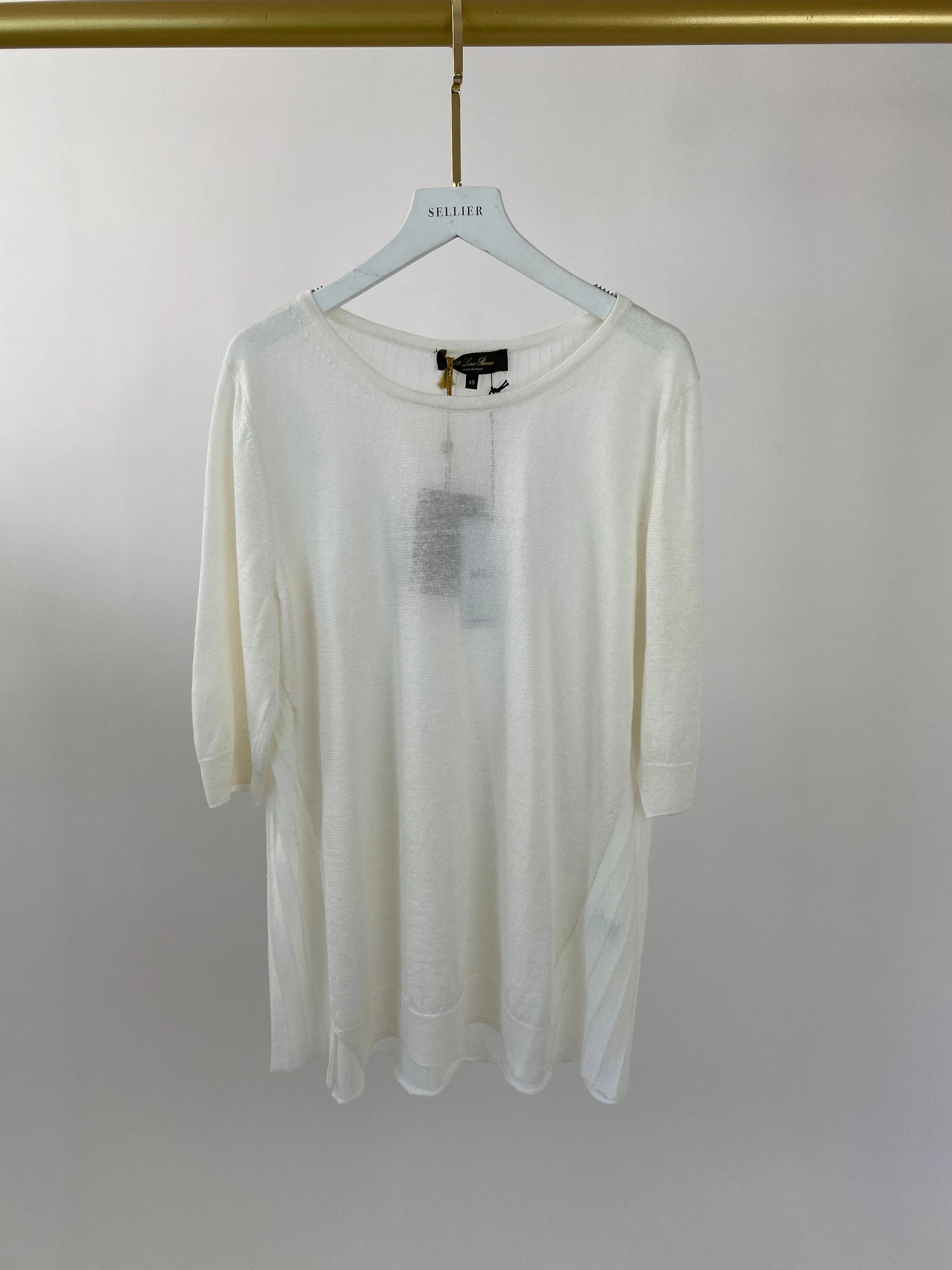 Loro Piana Cream Linen and Silk Knit Round Neck Top with Pleated Back IT 48 (UK 16) - Image 5