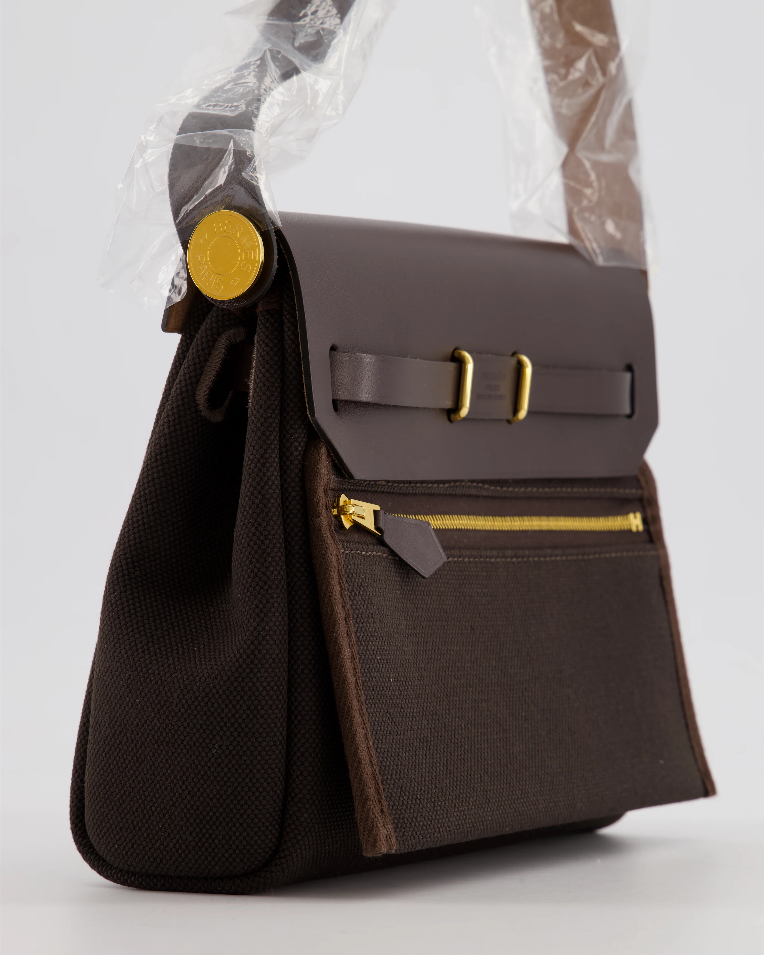 *Hot & RARE* Hermès Herbag Zip 20 Bag in Ebene Viking Canvas & Ebene Vache Hunter Leather with Gold Hardware - Image 12