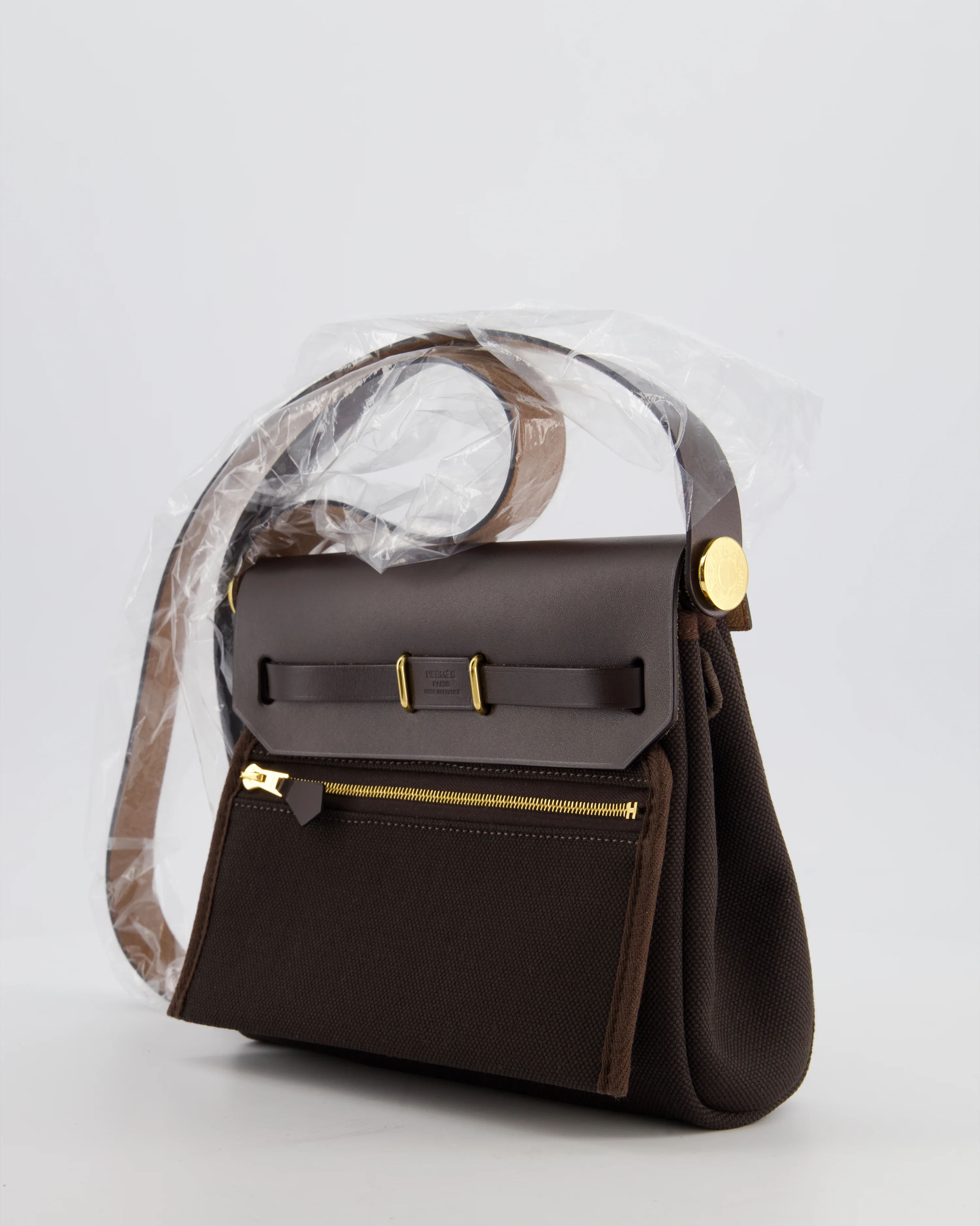 *Hot & RARE* Hermès Herbag Zip 20 Bag in Ebene Viking Canvas & Ebene Vache Hunter Leather with Gold Hardware - Image 4