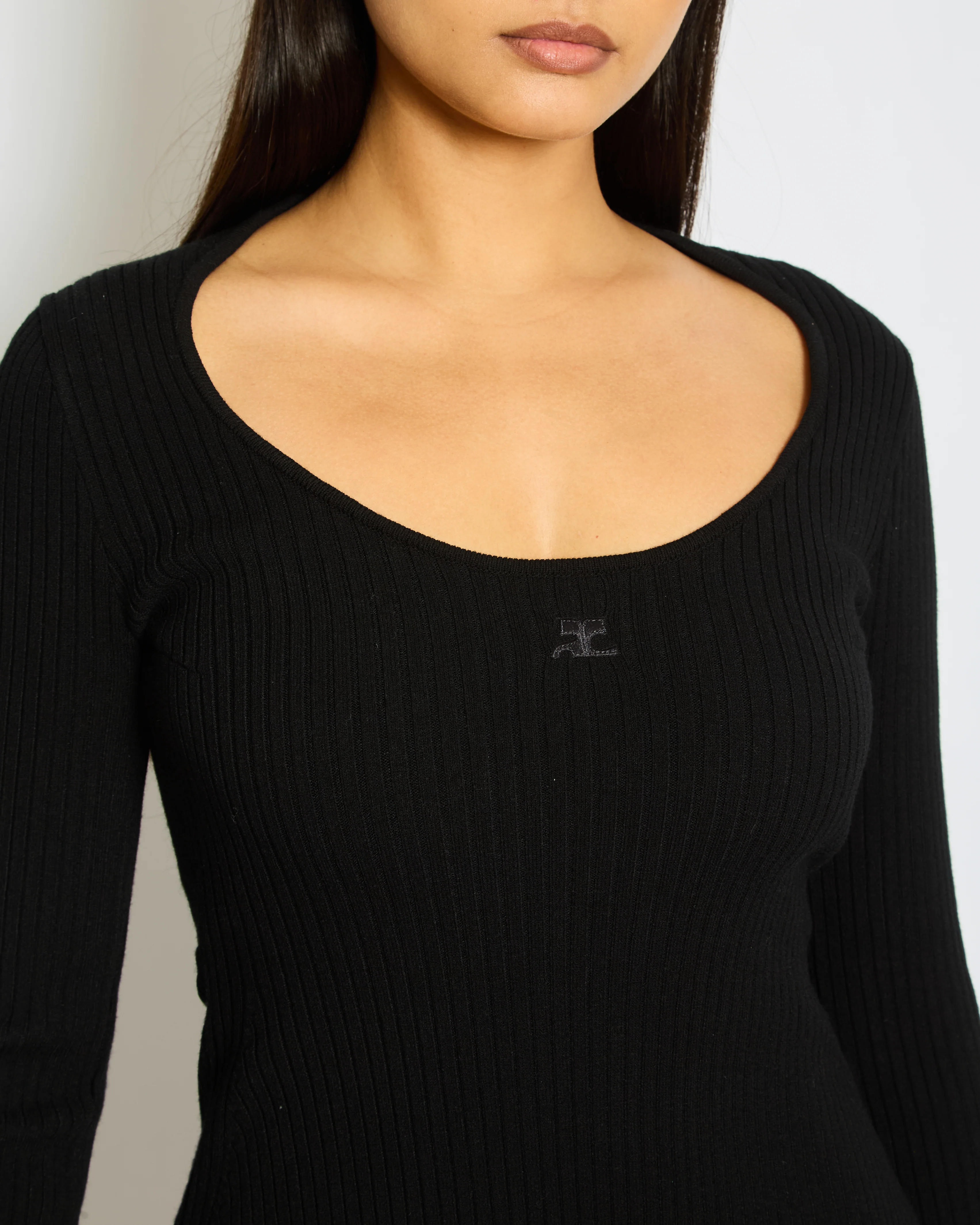 Courrèges Black Ribbed Long Sleeves Dress with Logo Detail Size S (FR 36, UK 8) - Image 2