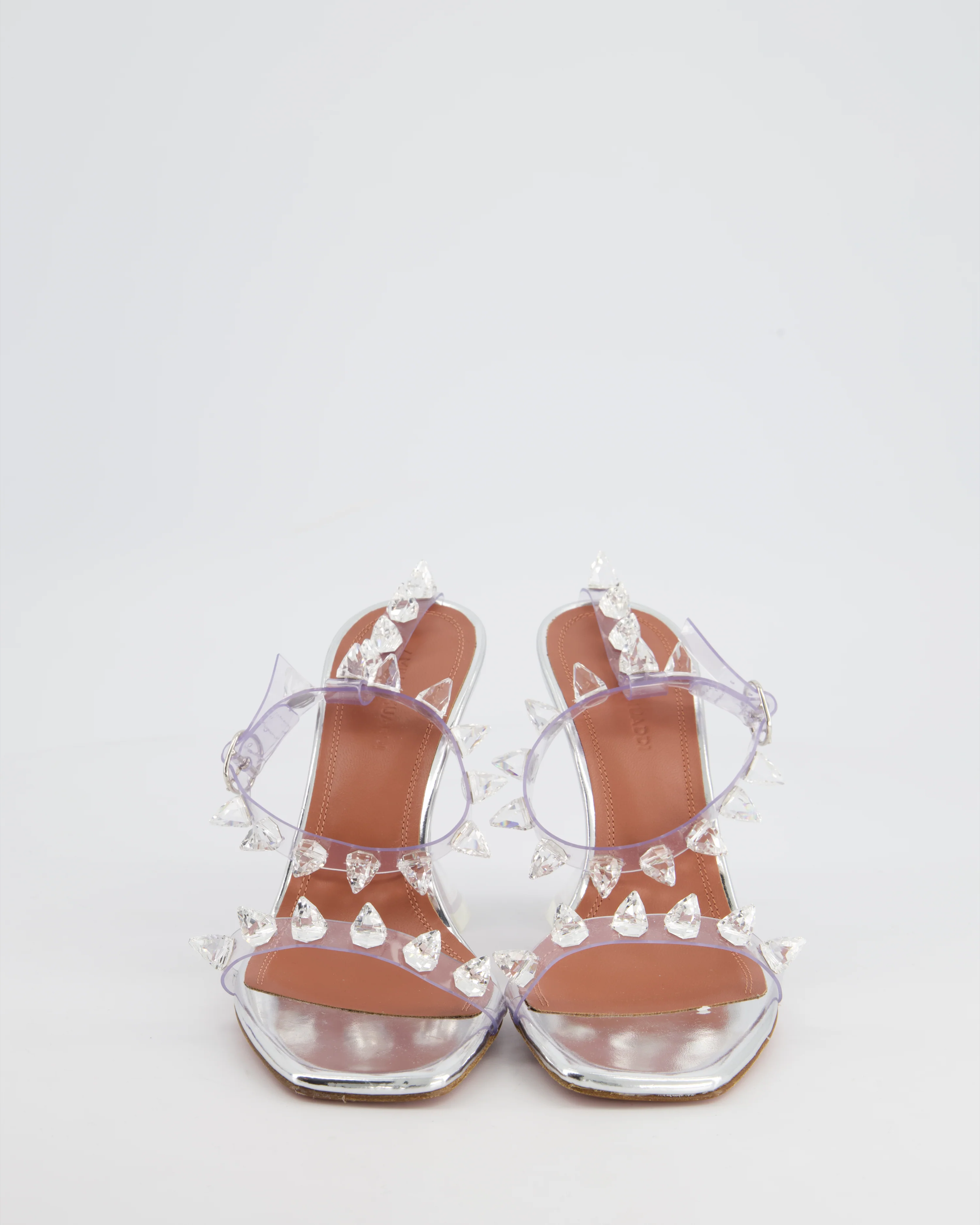 *CUTE* Amina Muaddi Transparent Silver Julia Heeled Sandals with Stones Detail Size EU 35 RRP £1050 - Image 4