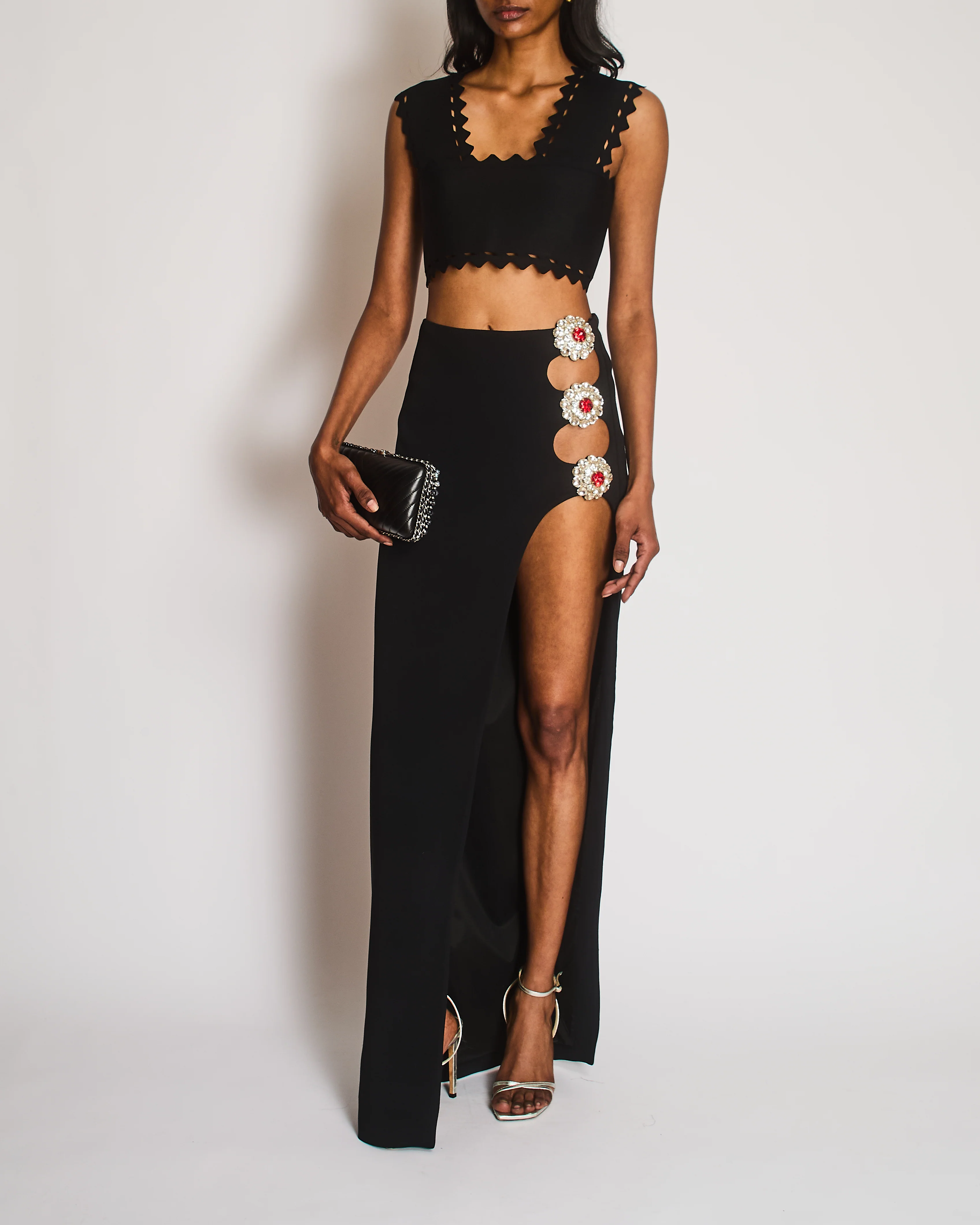 David Koma Black Maxi Skirt with Side Slit and White and Red Crystal Appliques Size UK 8
