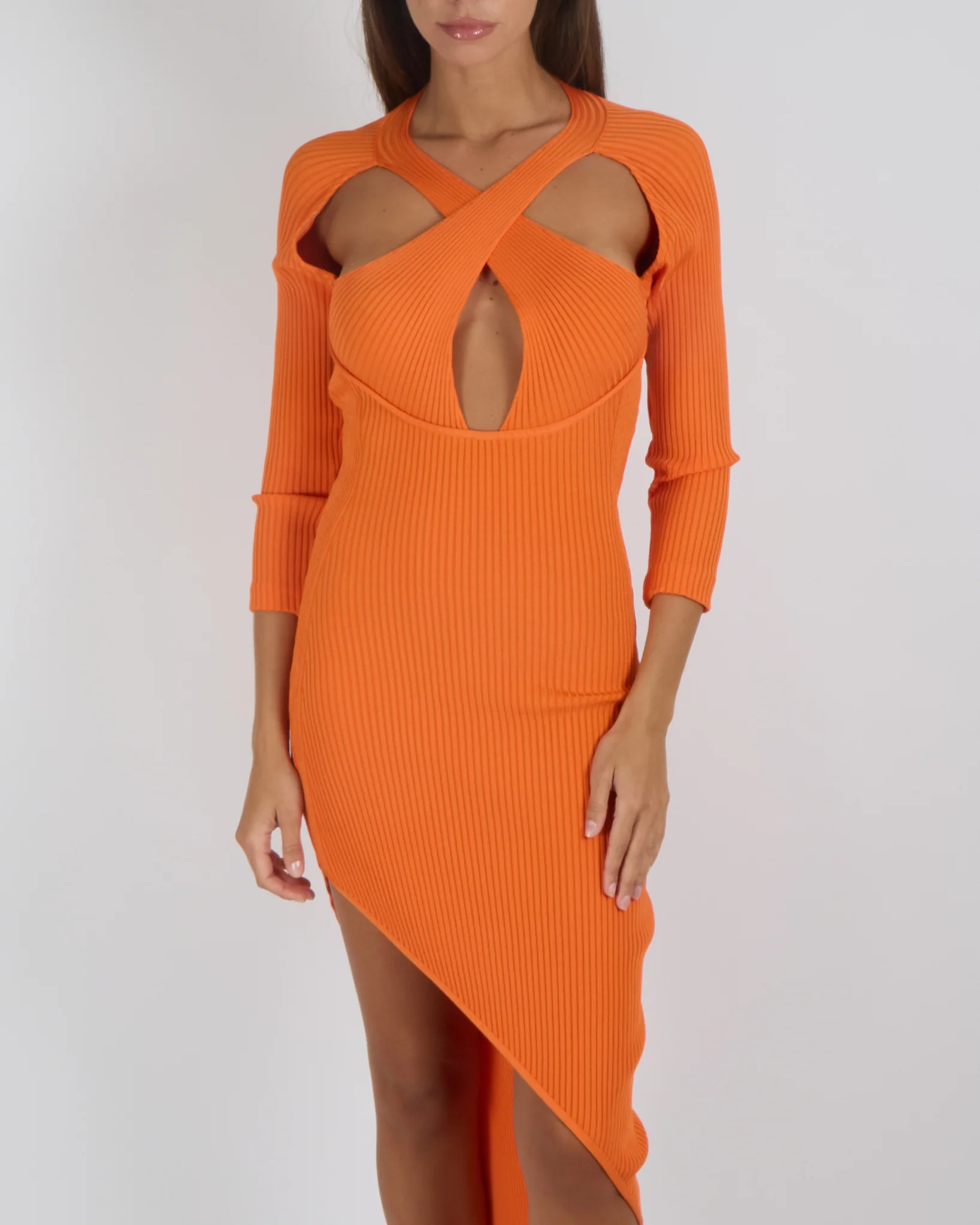 David Koma Orange Ribbed Asymmetric Maxi Dress with Front Cut-Out and Side Slit Size UK 8 RRP £800 - Image 2