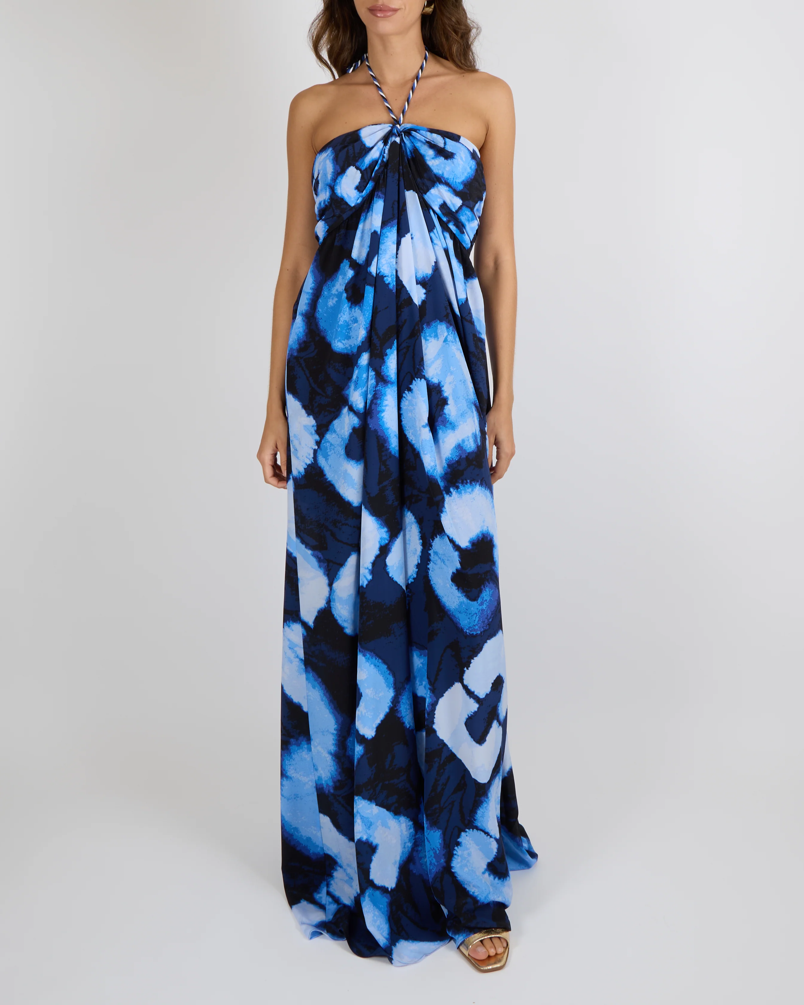 Diane Von Furstenberg Blue Silk Shibori Links Print Aphrodite Jumpsuit with Rope Neck Tie Detail Size L (UK 12)