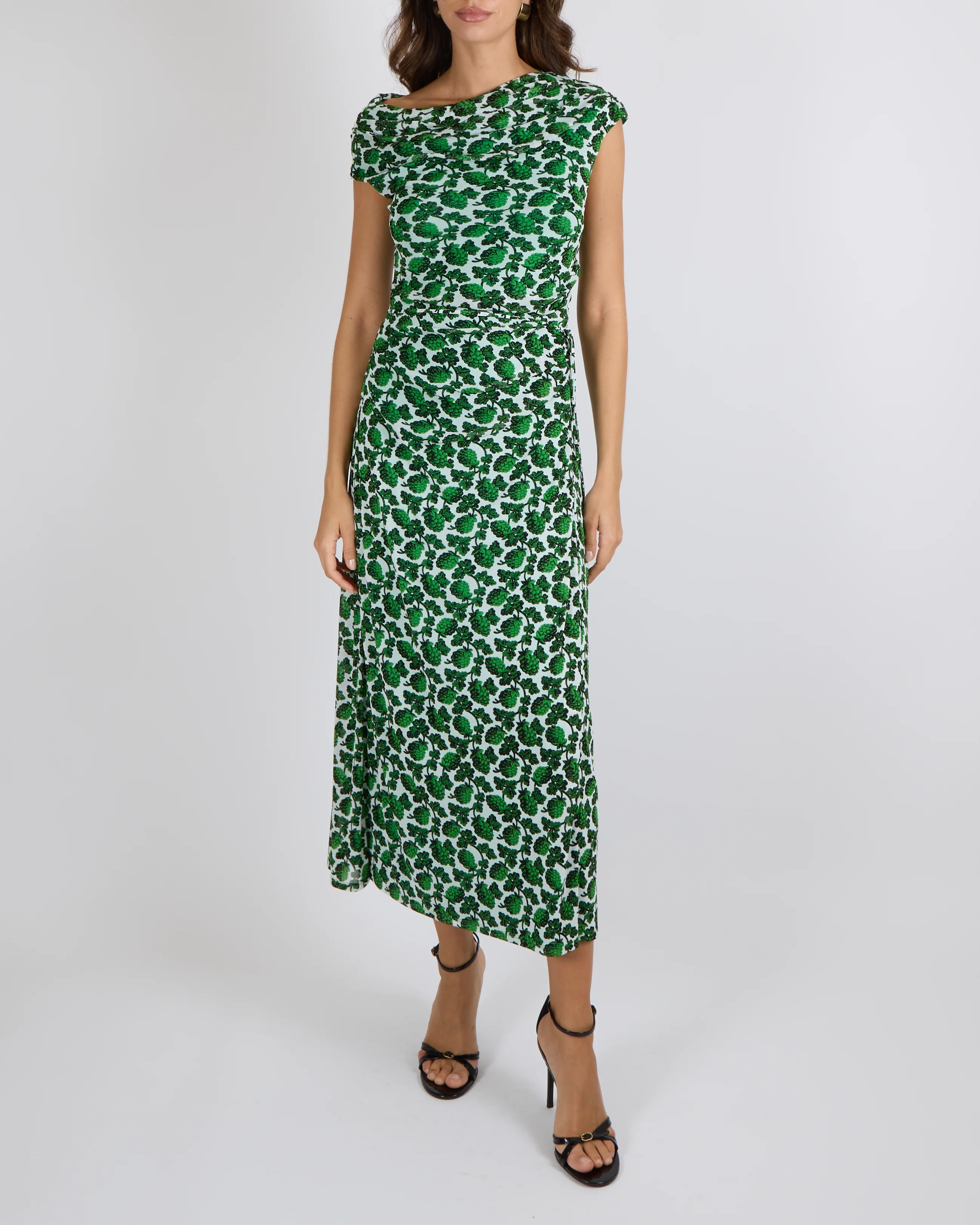 Diane Von Furstenberg Green and White Printed Sleeveless Maxi Dress with Rouched Detail Size L (UK 12)