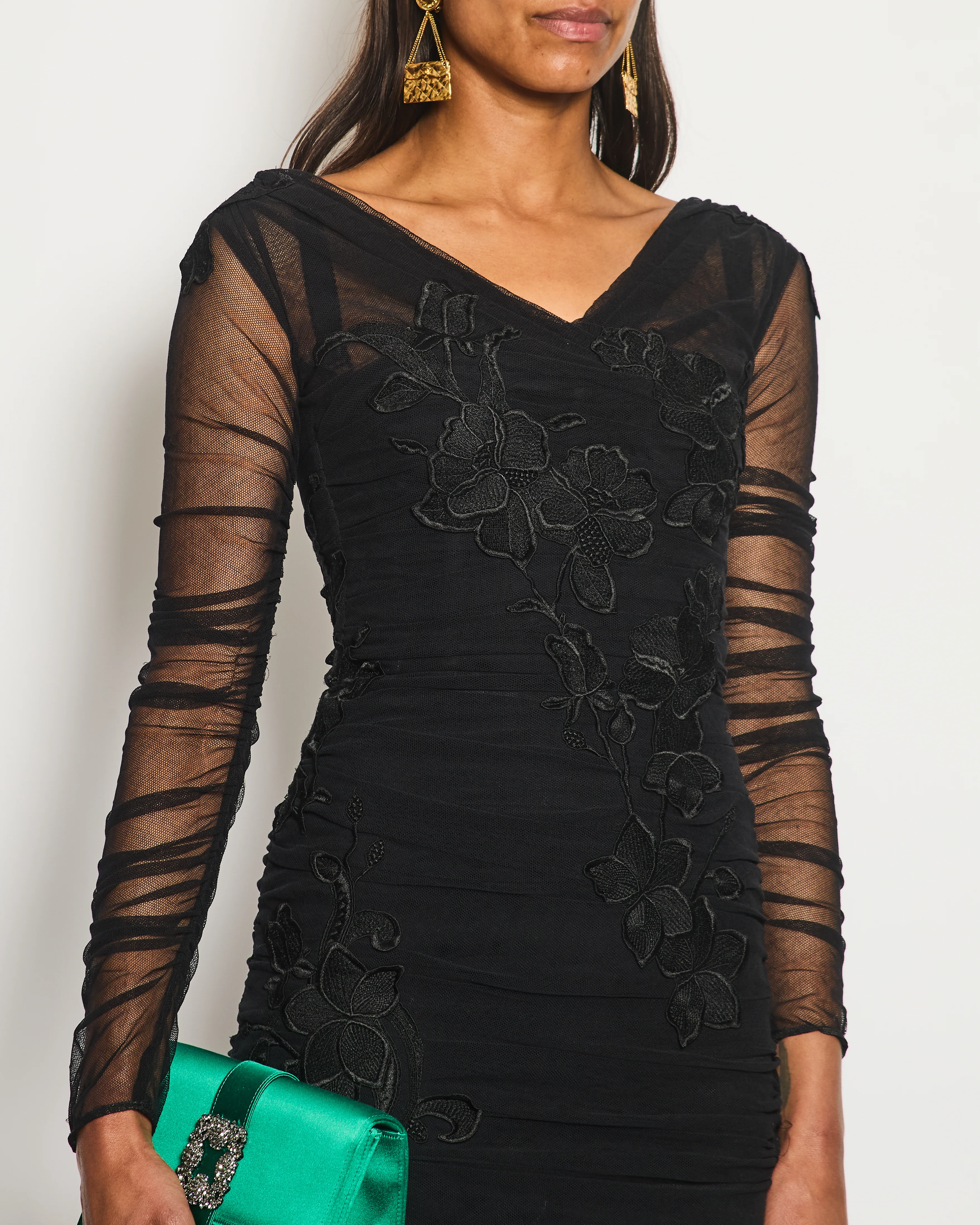 Dolce & Gabbana Black Tulle Long-Sleeve Mini Dress with Floral Embroideries Size IT 36 (UK 4) RRP £1,800 - Image 2