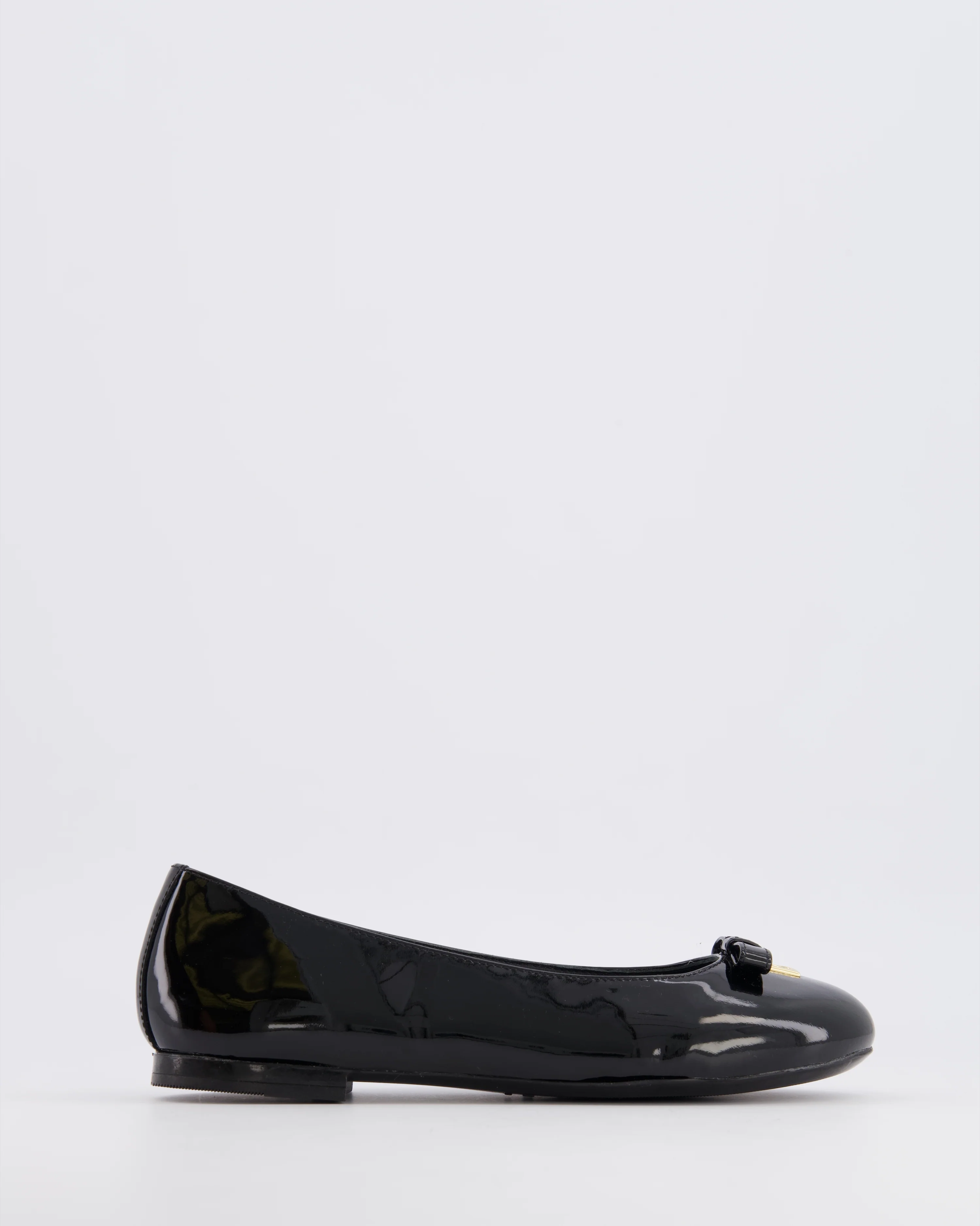 Dolce & Gabbana Kids Black Patent Leather Ballet Flat Shoes with Gold Logo and Bow Size 34 RRP £315