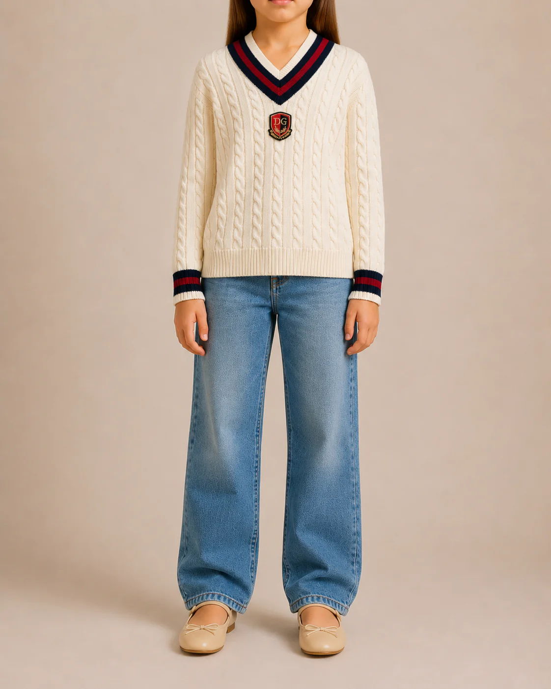 Dolce & Gabbana Kids Cream Wool Cableknit Jumper with Logo Embroidered Patch Size 7/8 years RRP £350 