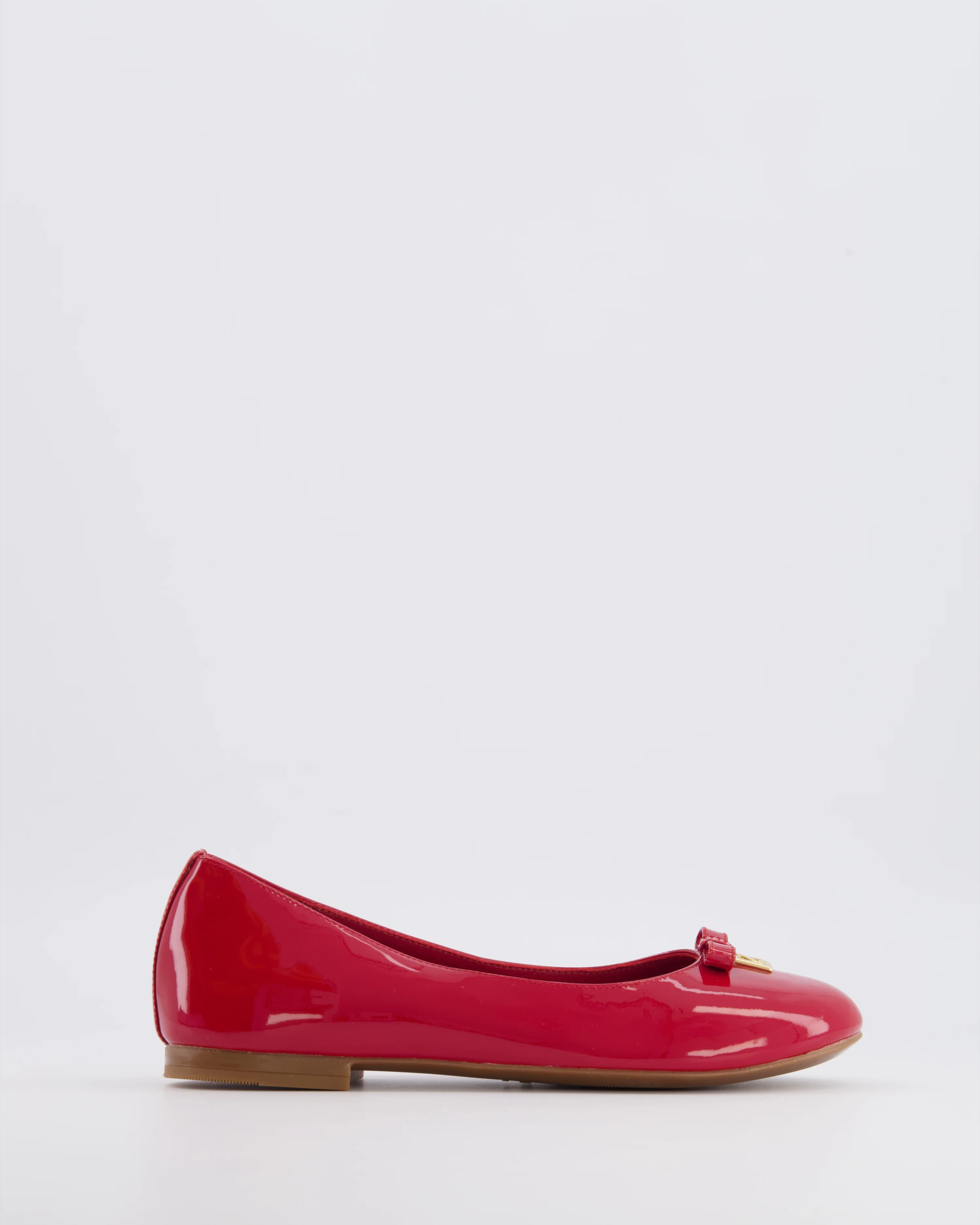 Dolce & Gabbana Kids Red Patent Leather Ballet Flat Shoes with Gold Logo and Bow Size 33 RRP £315