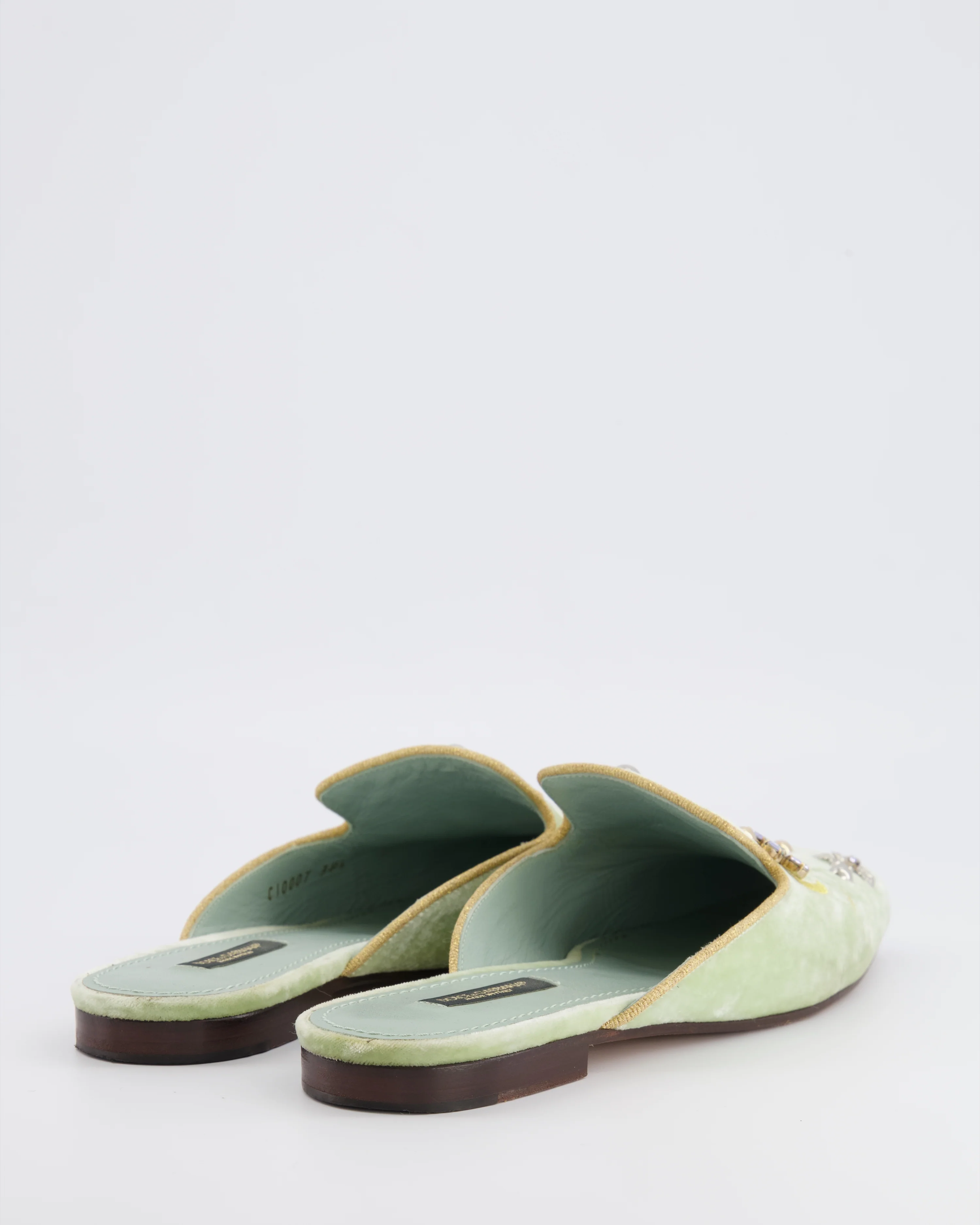 Dolce & Gabbana Pastel Green Velours Mules with Embroideries and Floral Crystal Embellishments Size EU 38.5 - Image 3