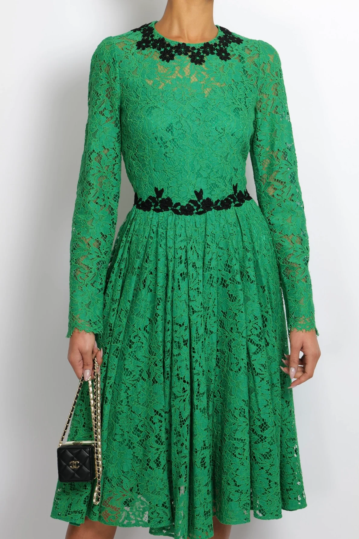 Dolce & Gabbana Apple Green Lace Midi Dress with Black Floral Collar and Waist Detail Size IT 42 (UK 10) - Image 3